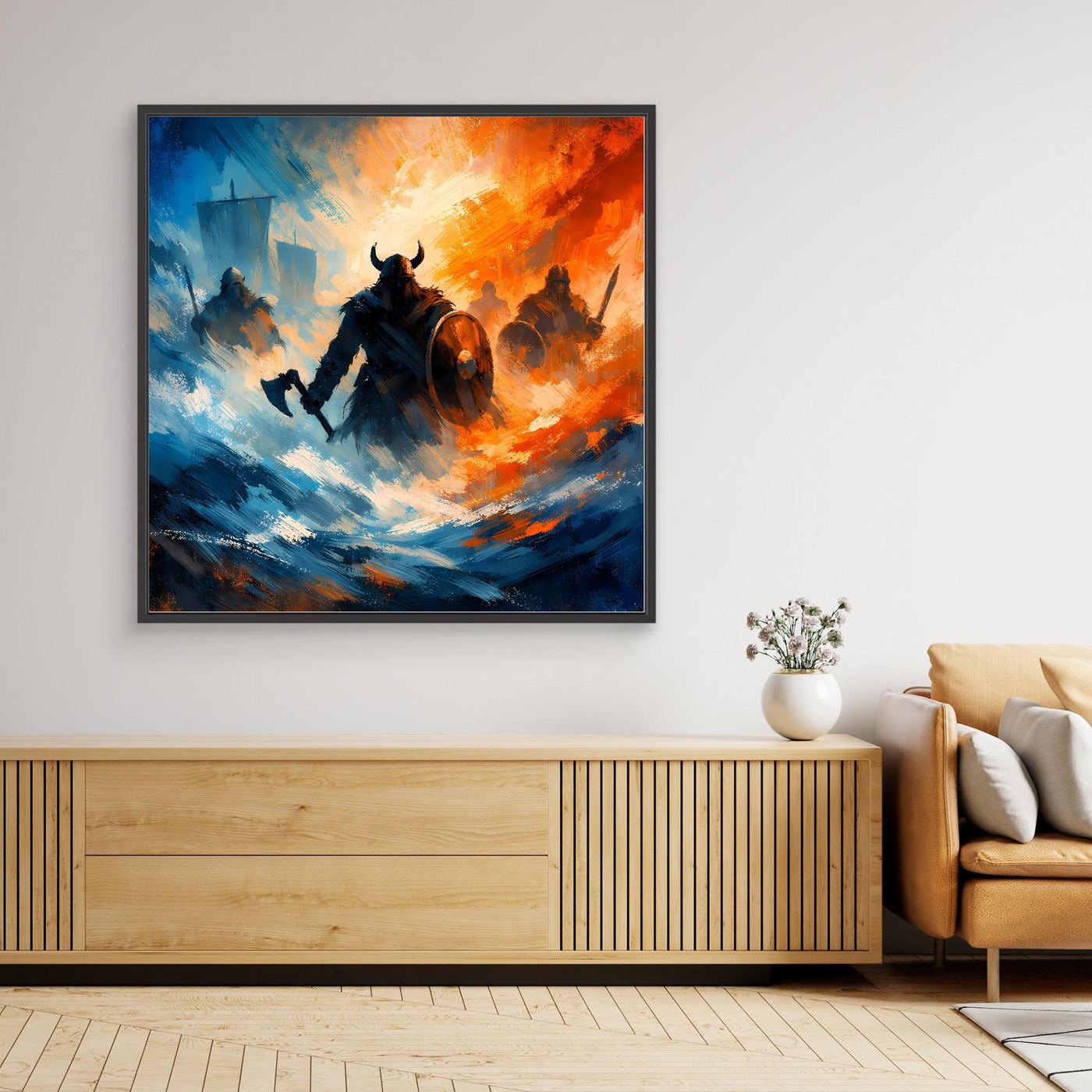 Gerahmtes Leinwandbild mit Wikingerkriegern, schwarze Umrahmung, Blau-Orange