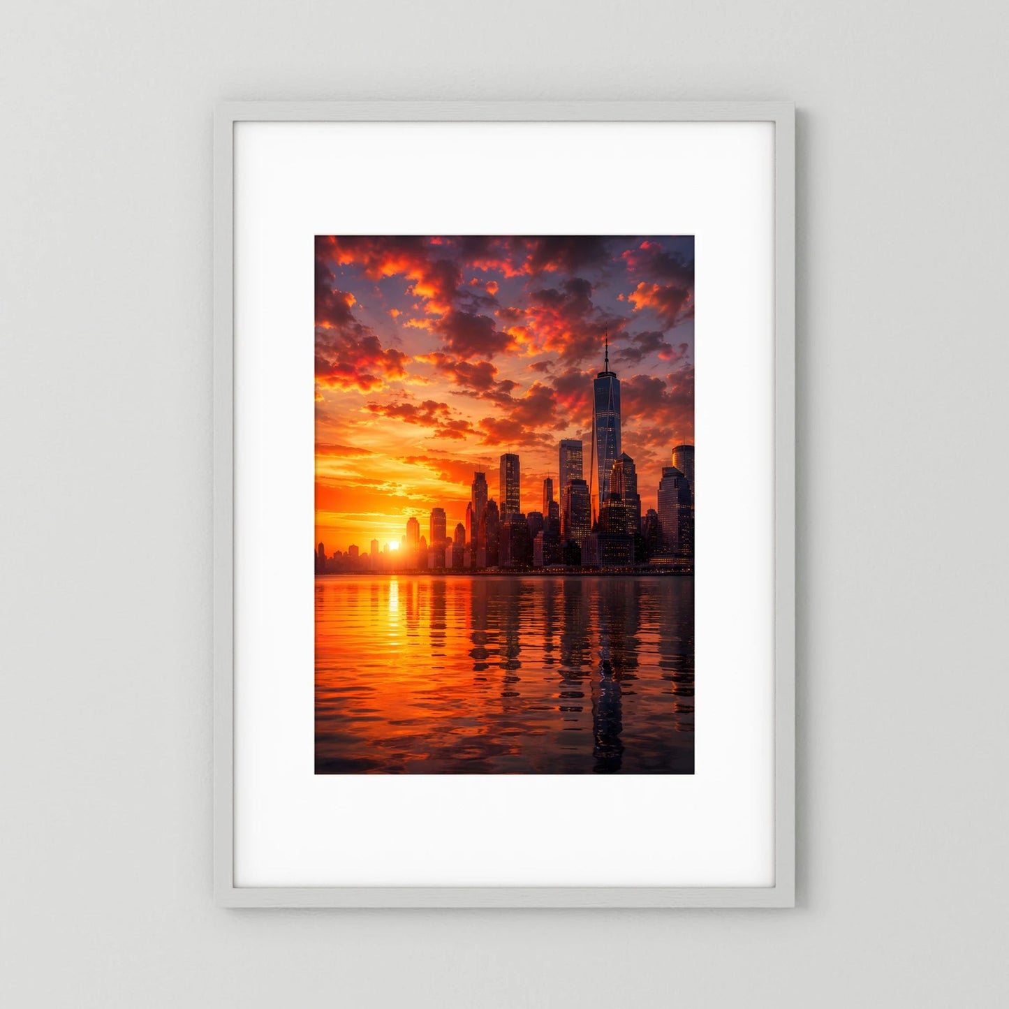 Hochformatiges Stadtposter mit Manhattan Skyline im Sonnenuntergang, Spiegelung auf Wasser, weißer Rand.