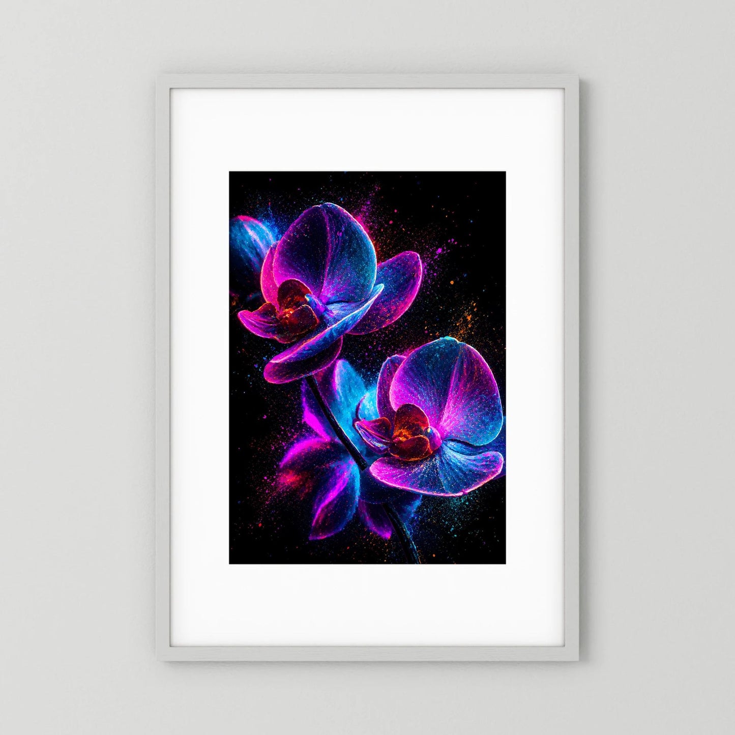 Leuchtendes Orchideenposter im Hochformat, pinke und blaue Blüten vor dunklem Hintergrund
