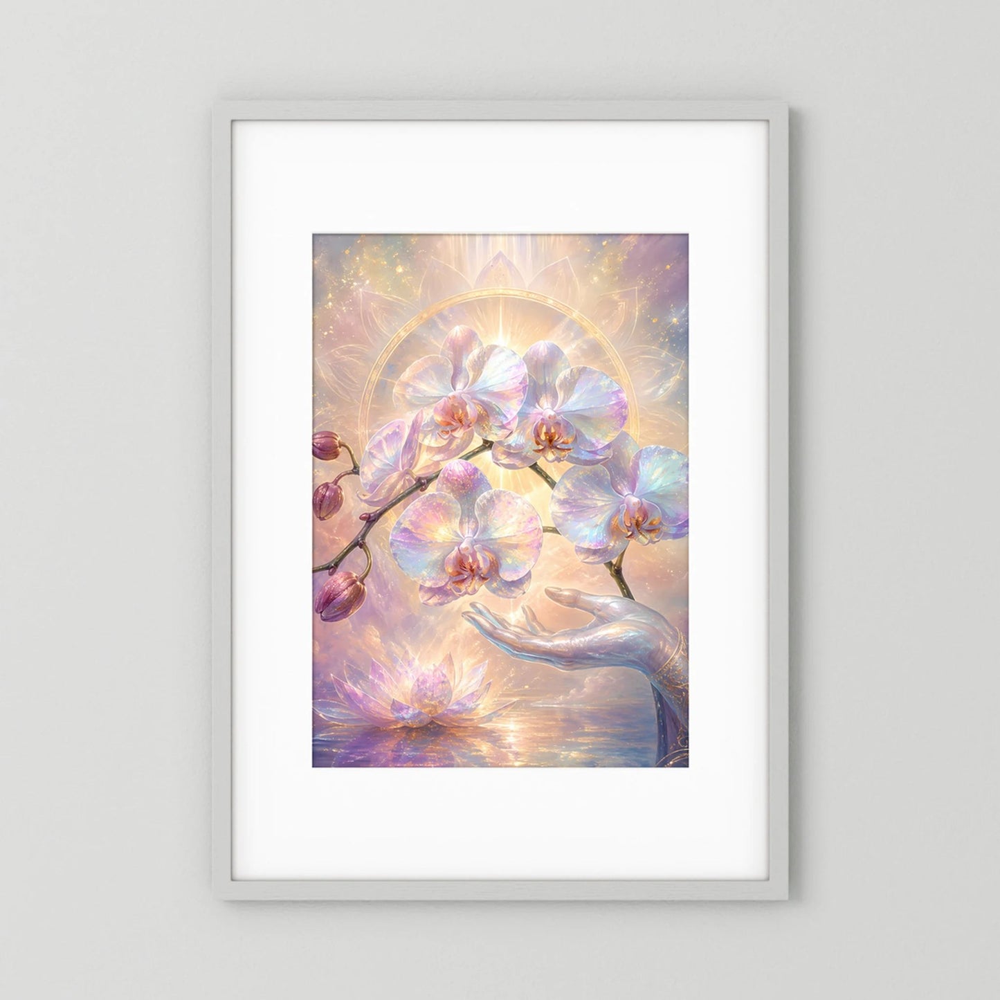 Gerahmtes Hochformat-Kunstposter mit pastellfarbener Orchidee und Lotuselementen in Perlmuttoptik