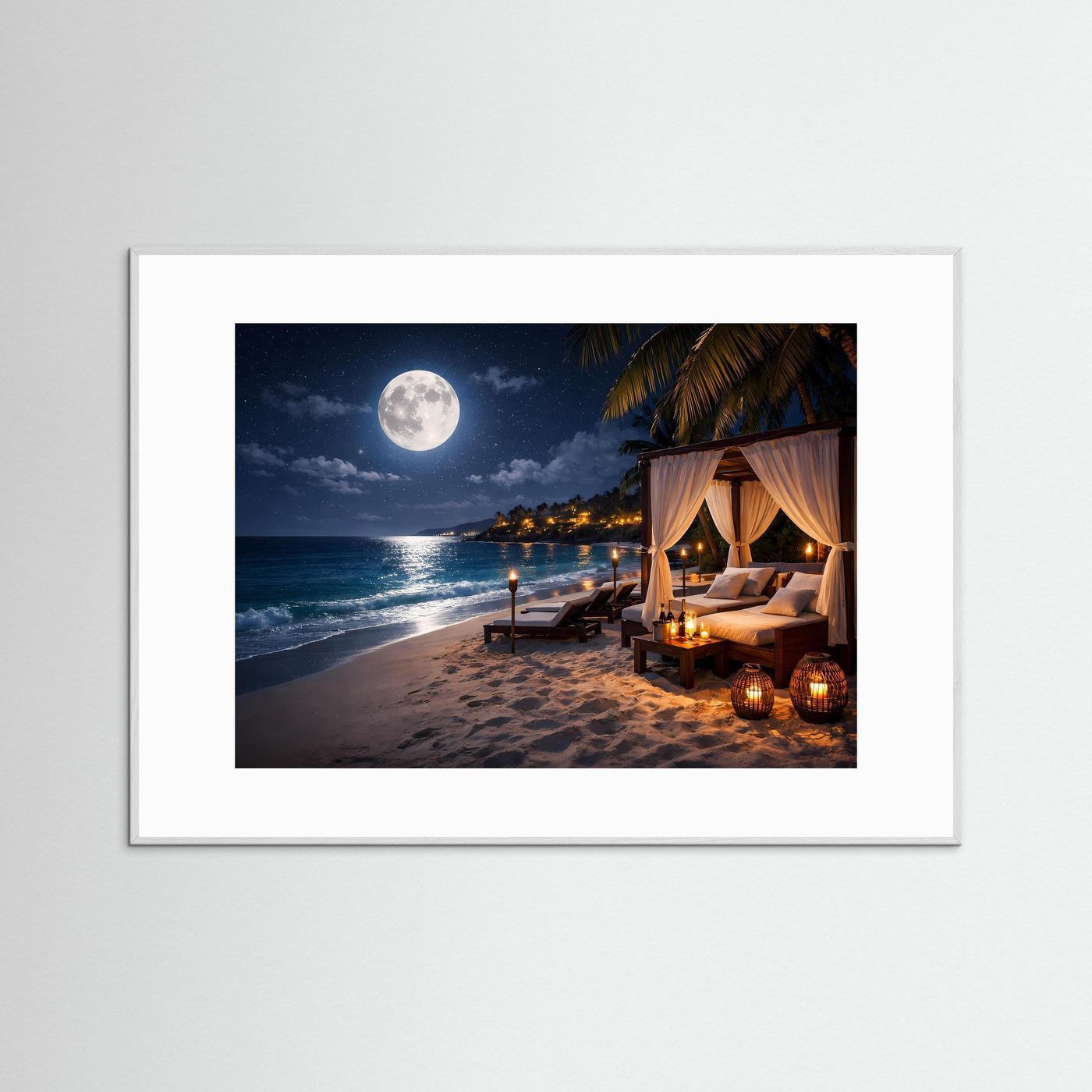 Poster im Querformat mit weißem Rahmen und weißem Rand: Beach-Lounge bei Vollmond