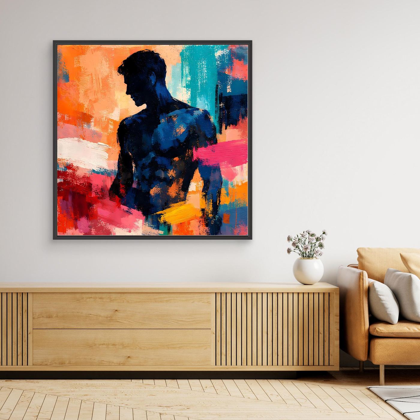Abstraktes Wandbild auf Leinwand: dunkle Silhouette mit Orange, Pink und Blau, schwarzer Rahmen