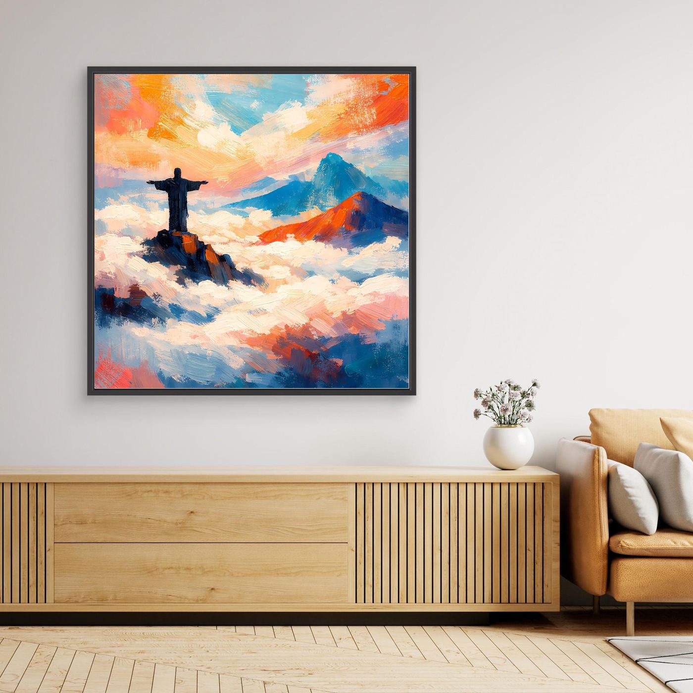 Wandbild mit Kreuz über Wolken, abstrakte Farben, schwarzer Rahmen