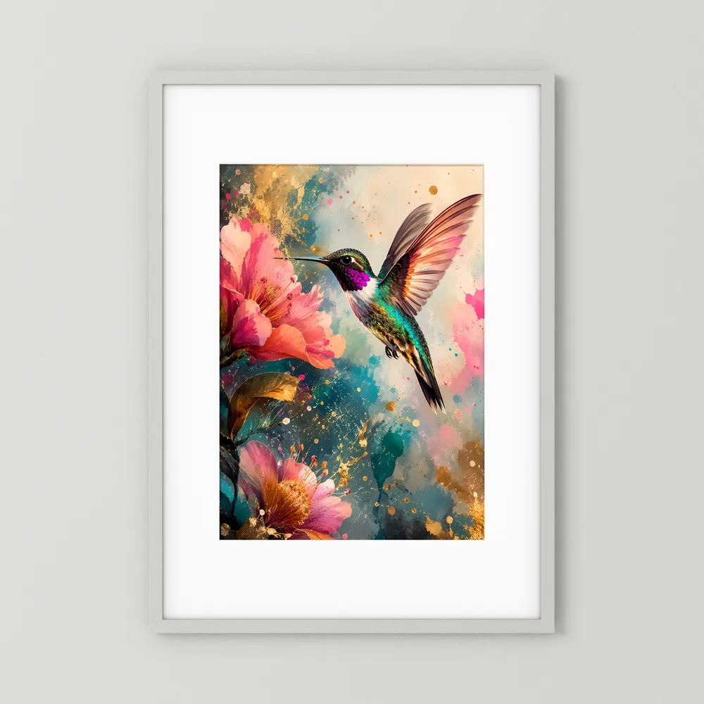 Gerahmter Kunstdruck im Hochformat mit Kolibri in Türkis und Pink, Blumen und goldenen Sprenkeln