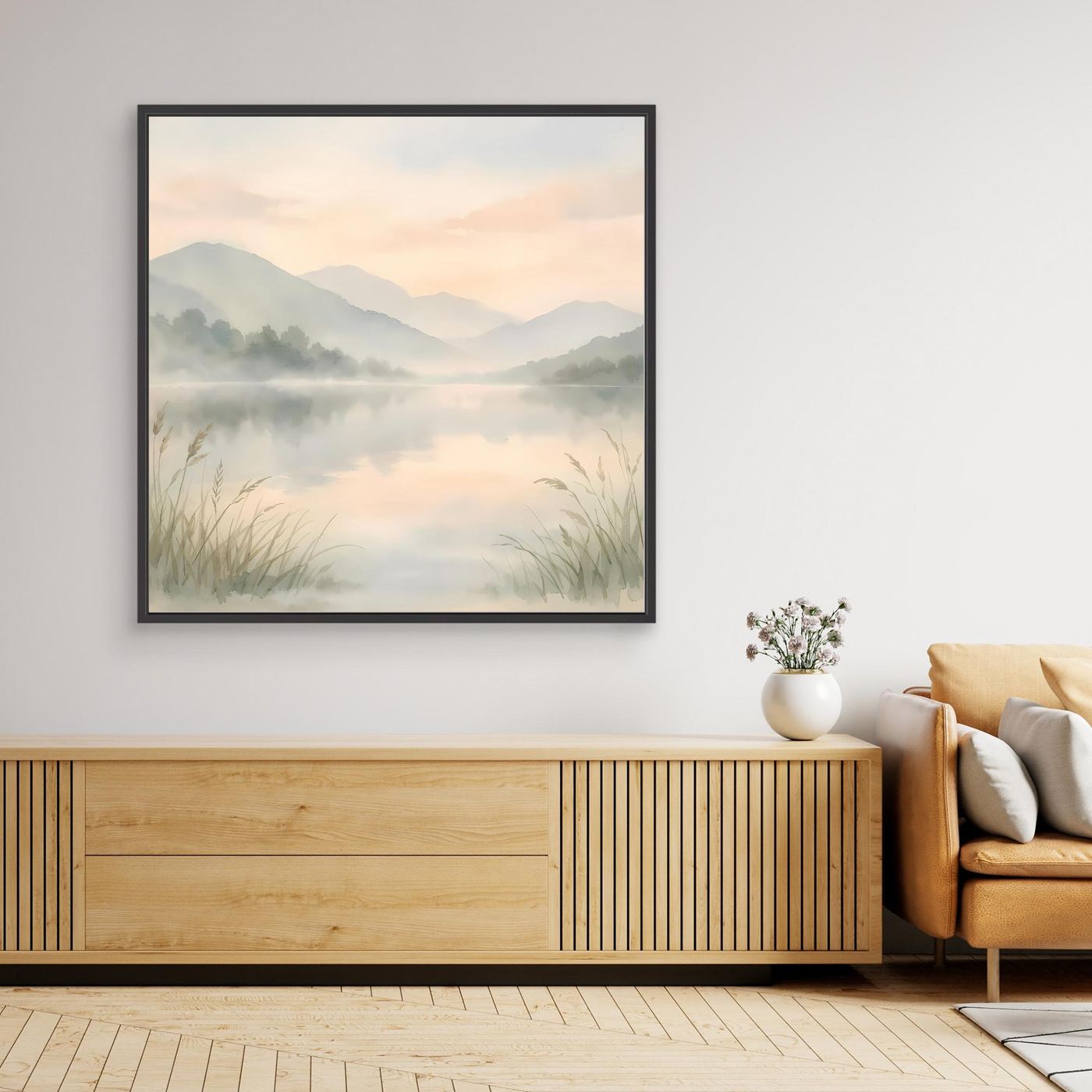 Leinwandbild mit nebligem Bergsee-Aquarell, schwarz gerahmt