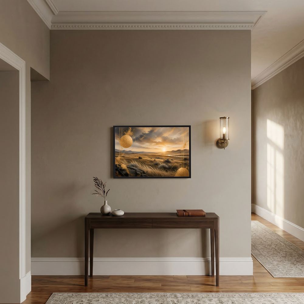 Gerahmtes Poster im Querformat mit Sonnenuntergang über einer goldenen Steppe