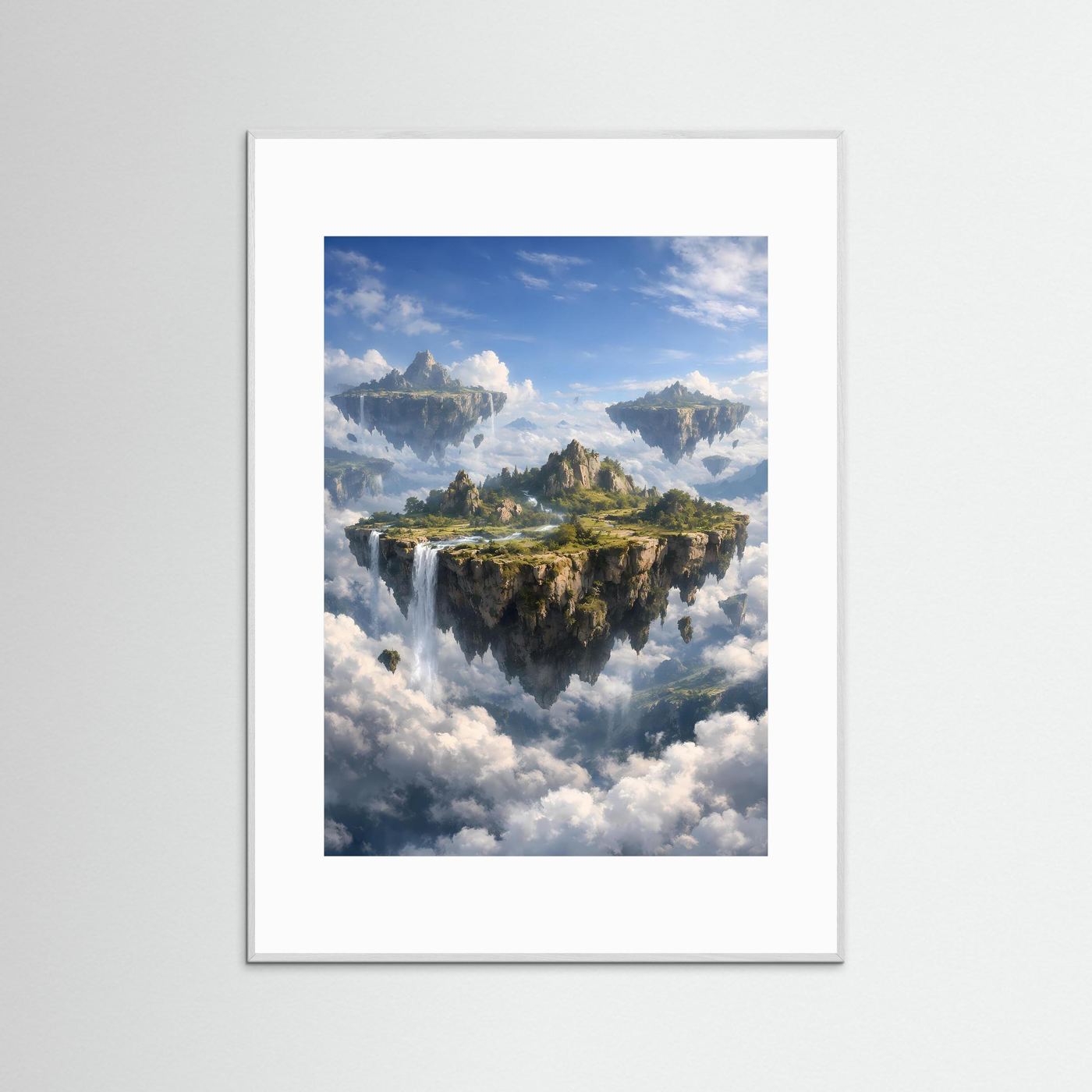 Fantasy-Naturposter, grauer Holzrahmen, Wasserfall über Wolken, Hochformat