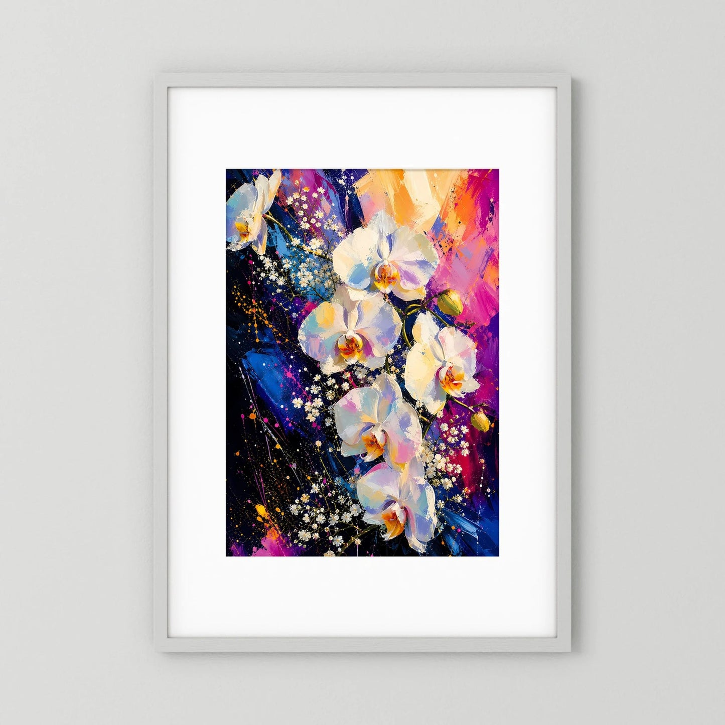 Gerahmtes Hochformat-Poster mit abstrakten weißen Orchideenblüten in Pink, Blau und Gold