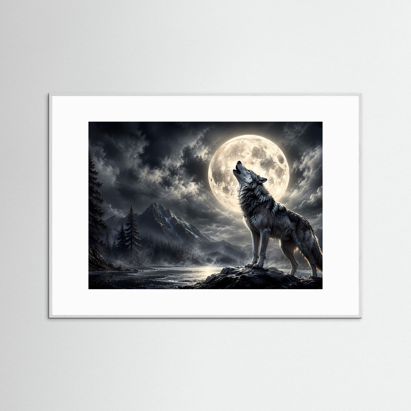 Wolf-Wandbild mit heulendem Wolf vor Vollmond, dunkle Waldszene, grauer Rahmen