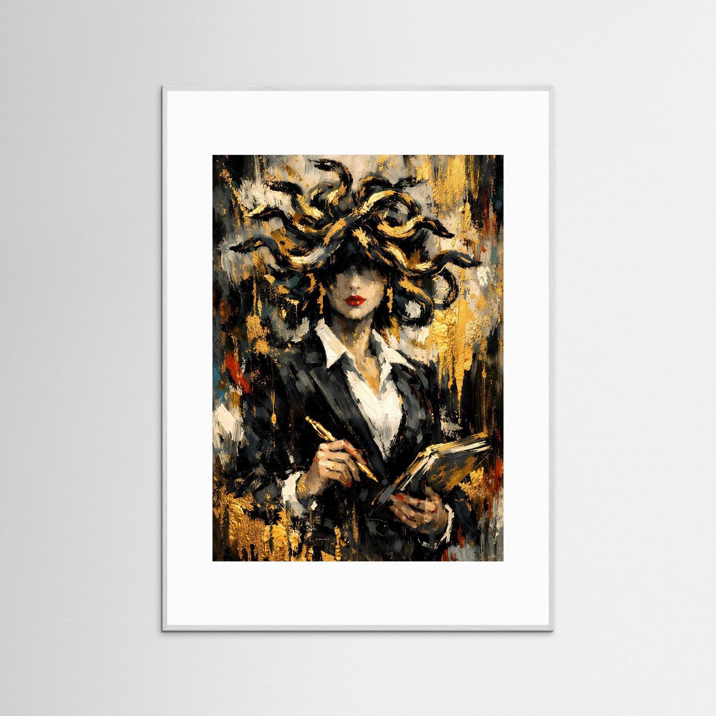 Hochformatiger Kunstdruck mit Medusa-Figur in Gold und Schwarz, im silbernem Rahmen
