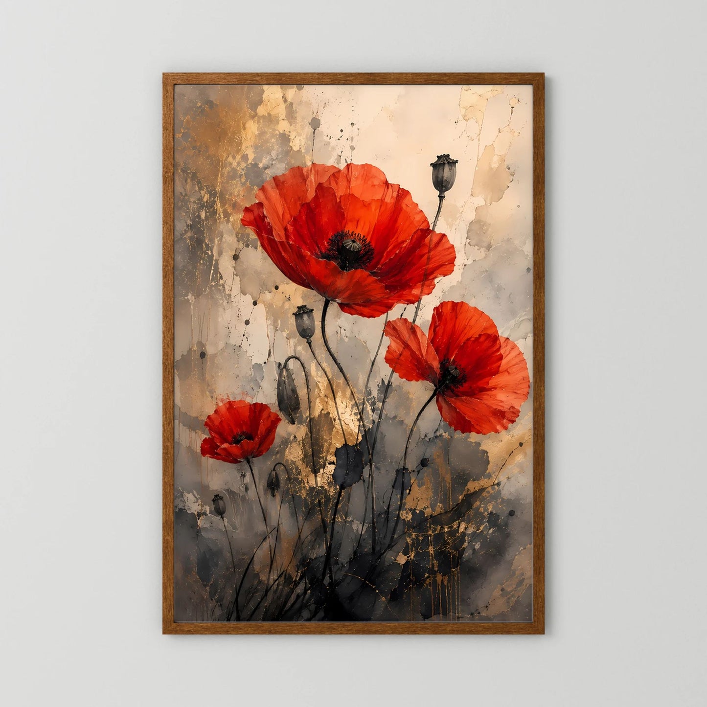 Gerahmtes Poster mit roten Mohnblüten, abstrakten Spritzern, Grau/Gold und braunem Rahmen