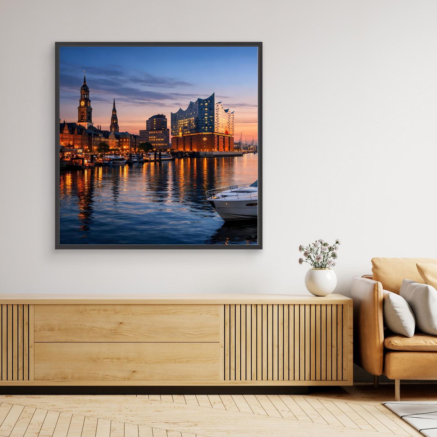 Leinwand-Wandbild mit Hamburger Skyline und Elbphilharmonie bei Nacht, schwarzer Rahmen