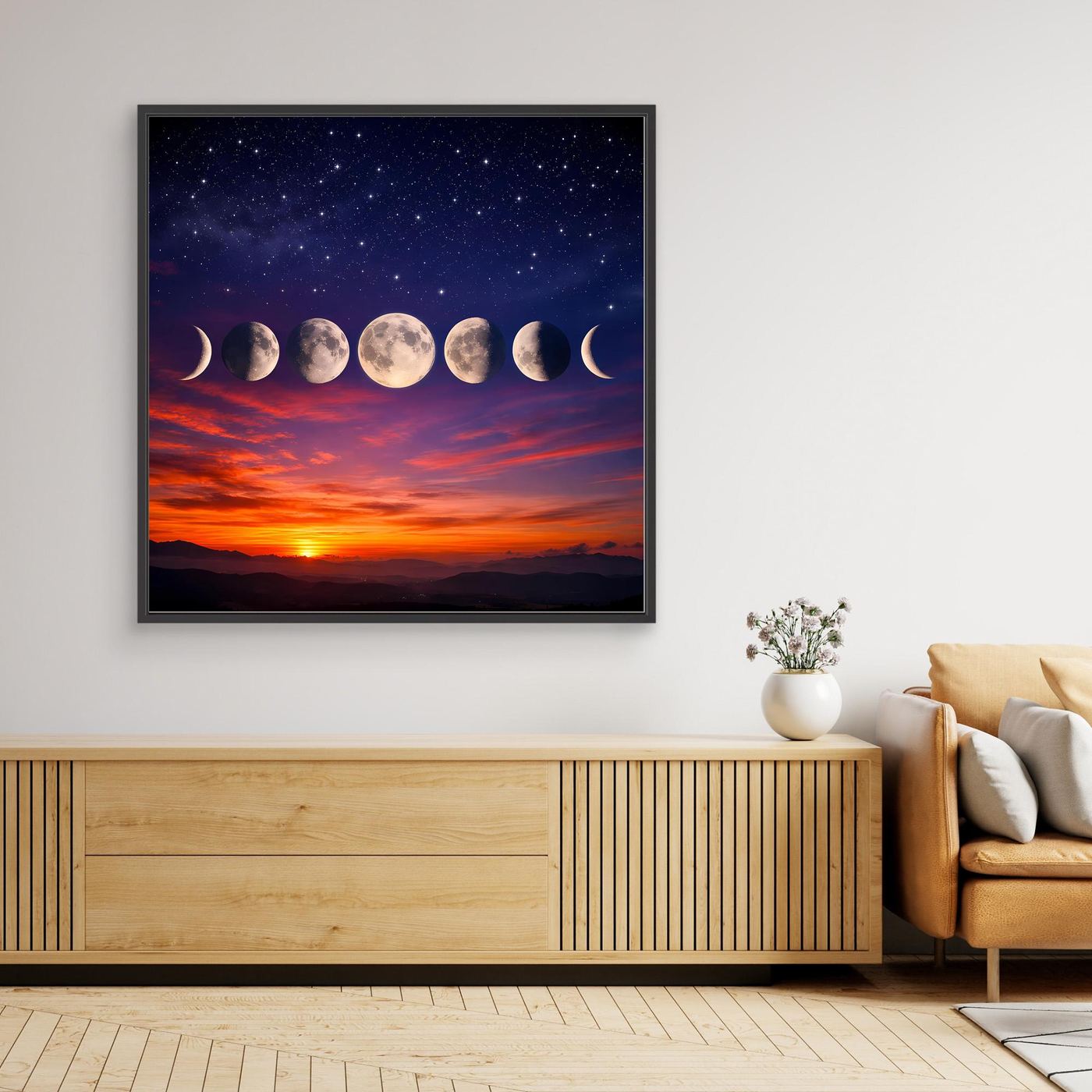 Gerahmtes Leinwandbild mit Mondphasen, Sternenhimmel und Sonnenuntergang im Dunkelblau