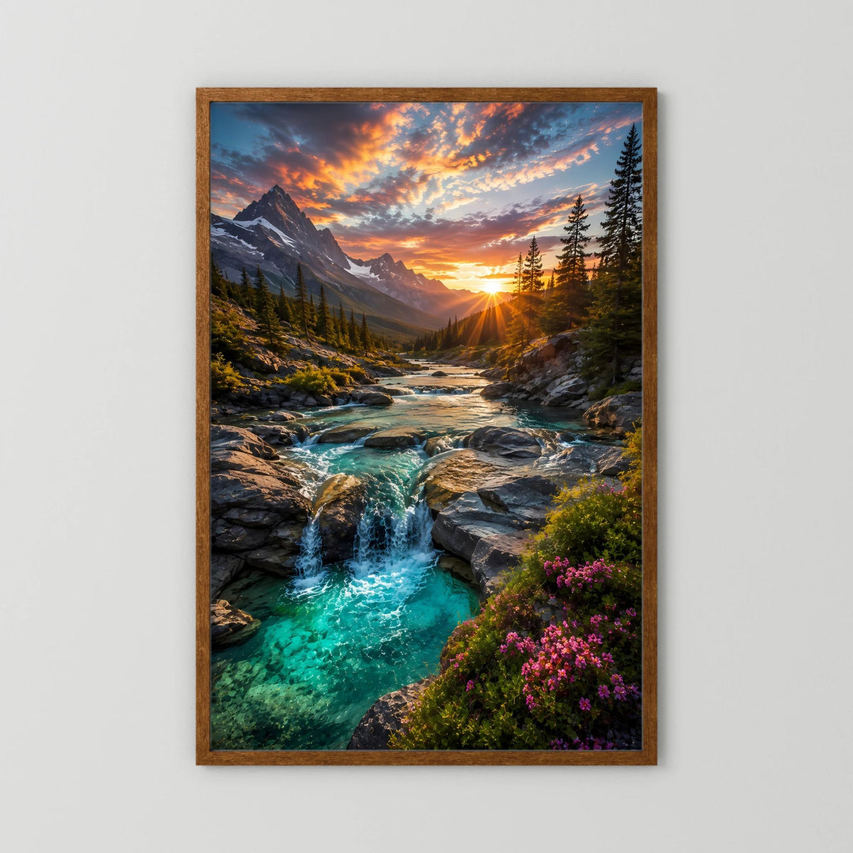 Hochformat-Poster mit Holzrahmen, türkisblauer Wasserlauf und Sonnenuntergang im Gebirge