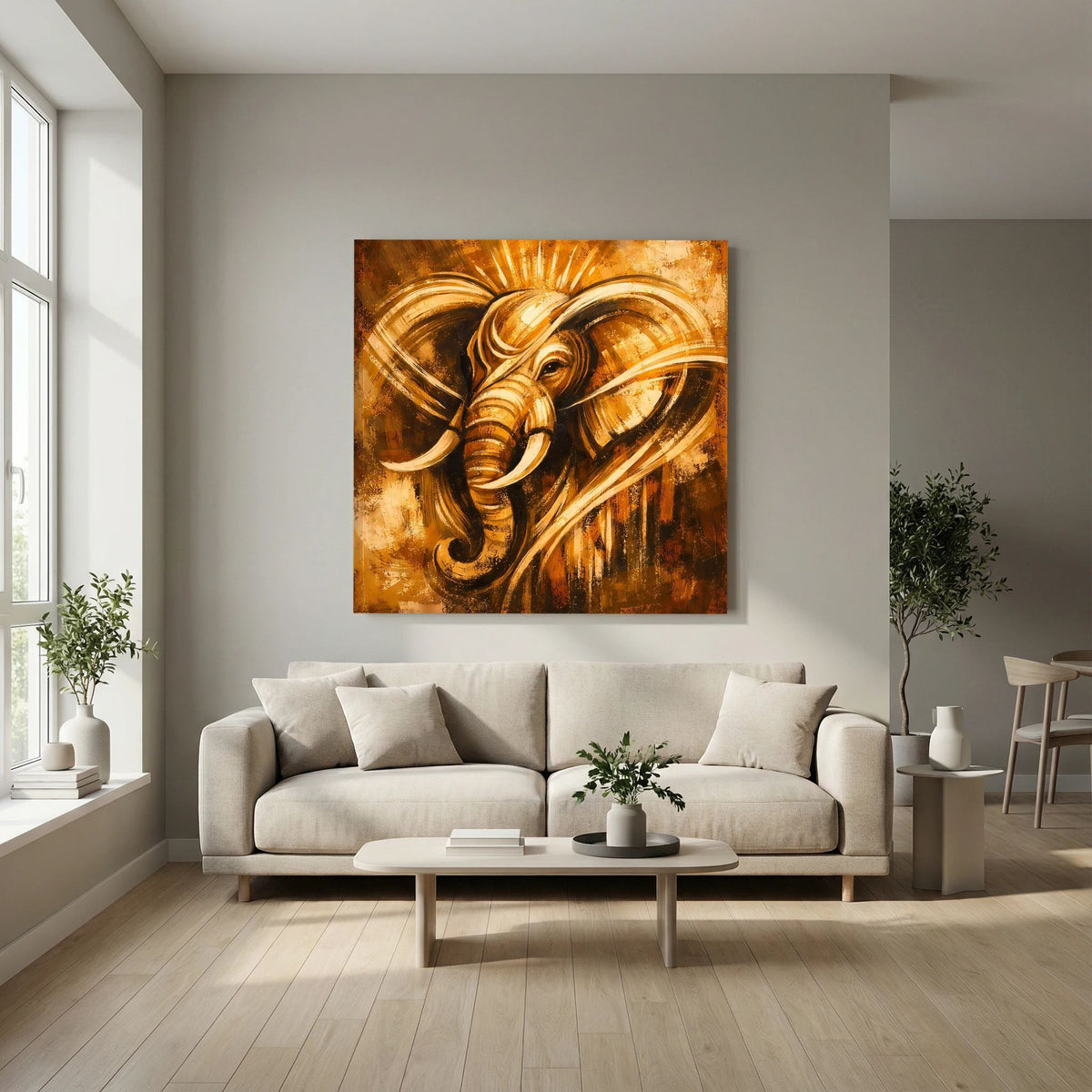 Abstraktes Leinwand-Wandbild mit Elefantengesicht im Ganesha-Stil, goldene Akzente und Pinselstruktur