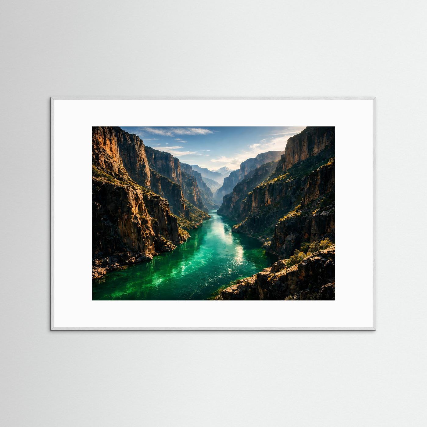 Querformatiges Naturposter: Flussschlucht mit grünem Fluss, hellgrauer Holzrahmen