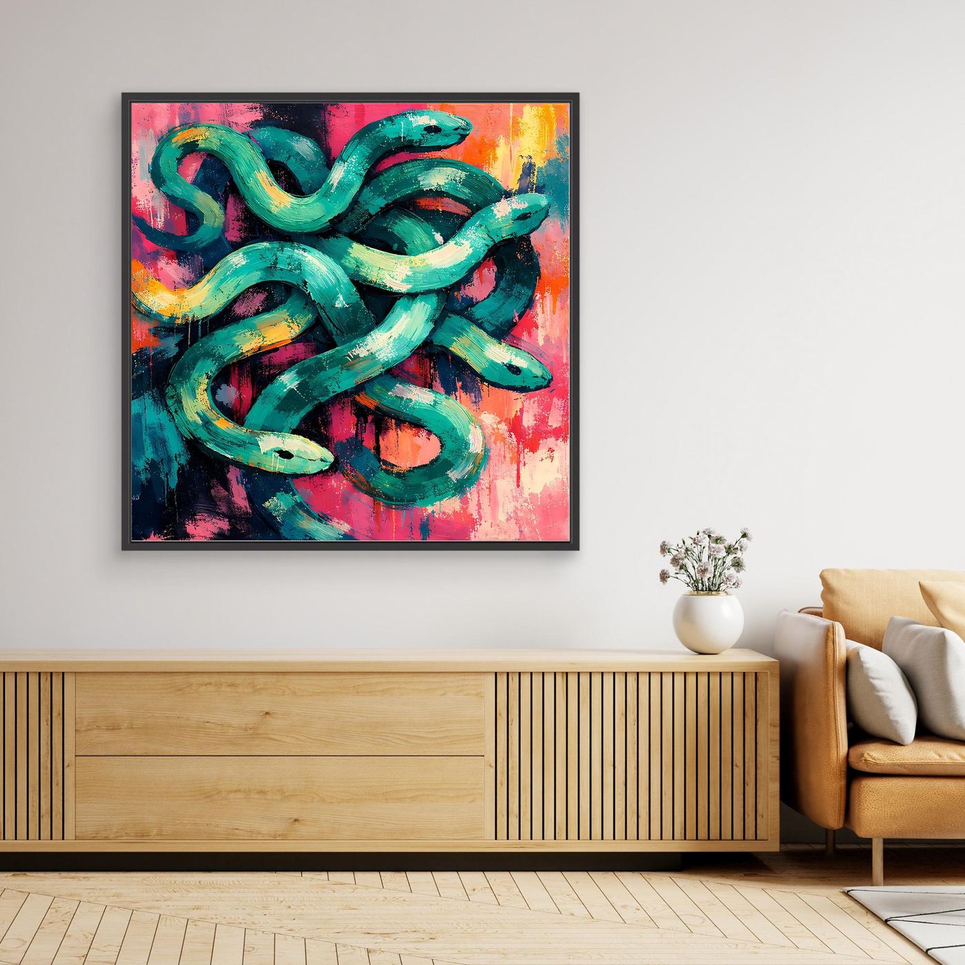 Colorful abstract snake canvas wall art with teal shapes, black frame
