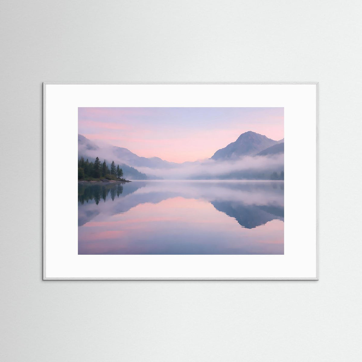 Wandkunst mit Bergsee-Landschaft, rosa-blauer Sonnenaufgang, weißer Rahmen