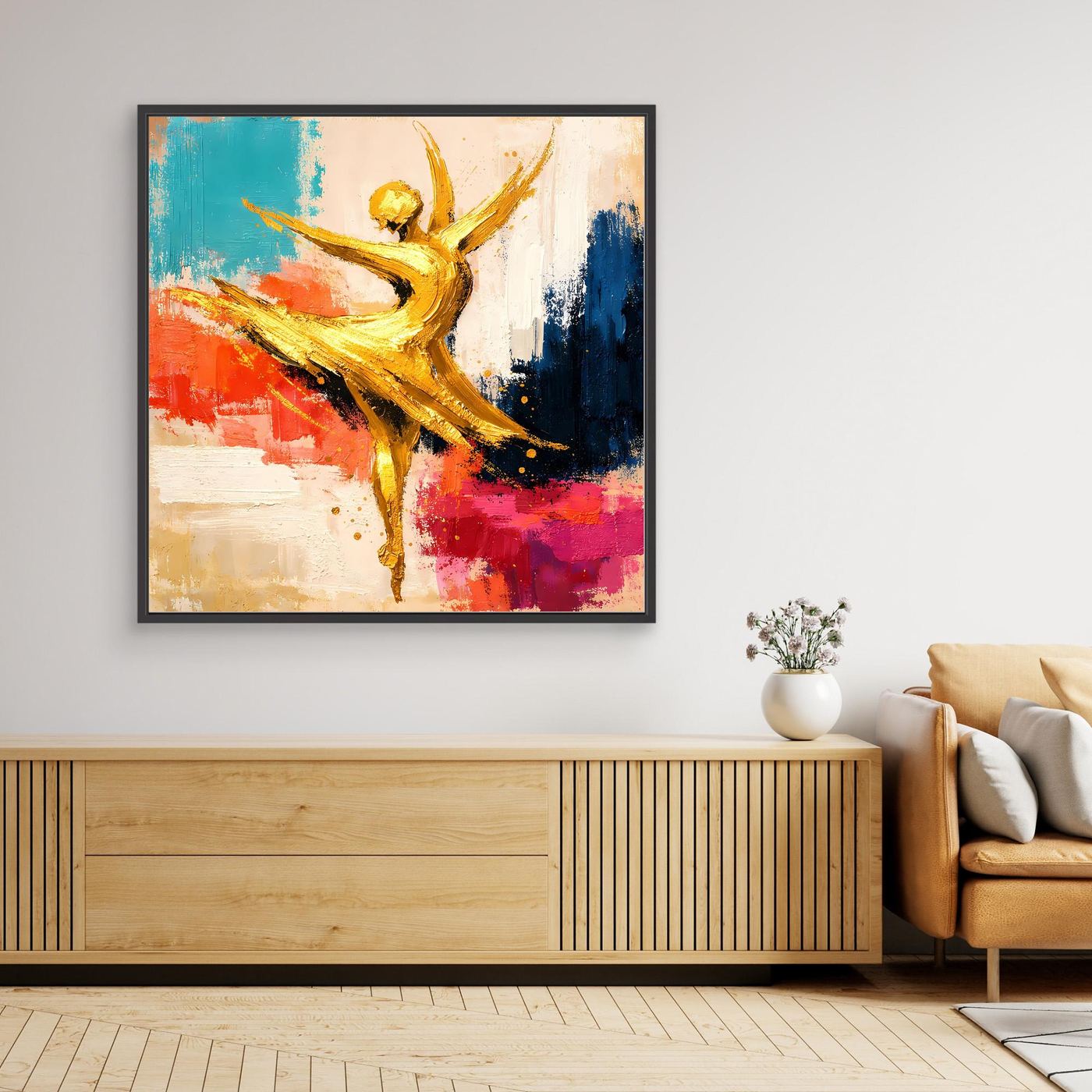 Gerahmtes Leinwand-Wandbild mit schwarzem Rahmen und goldener Ballerina