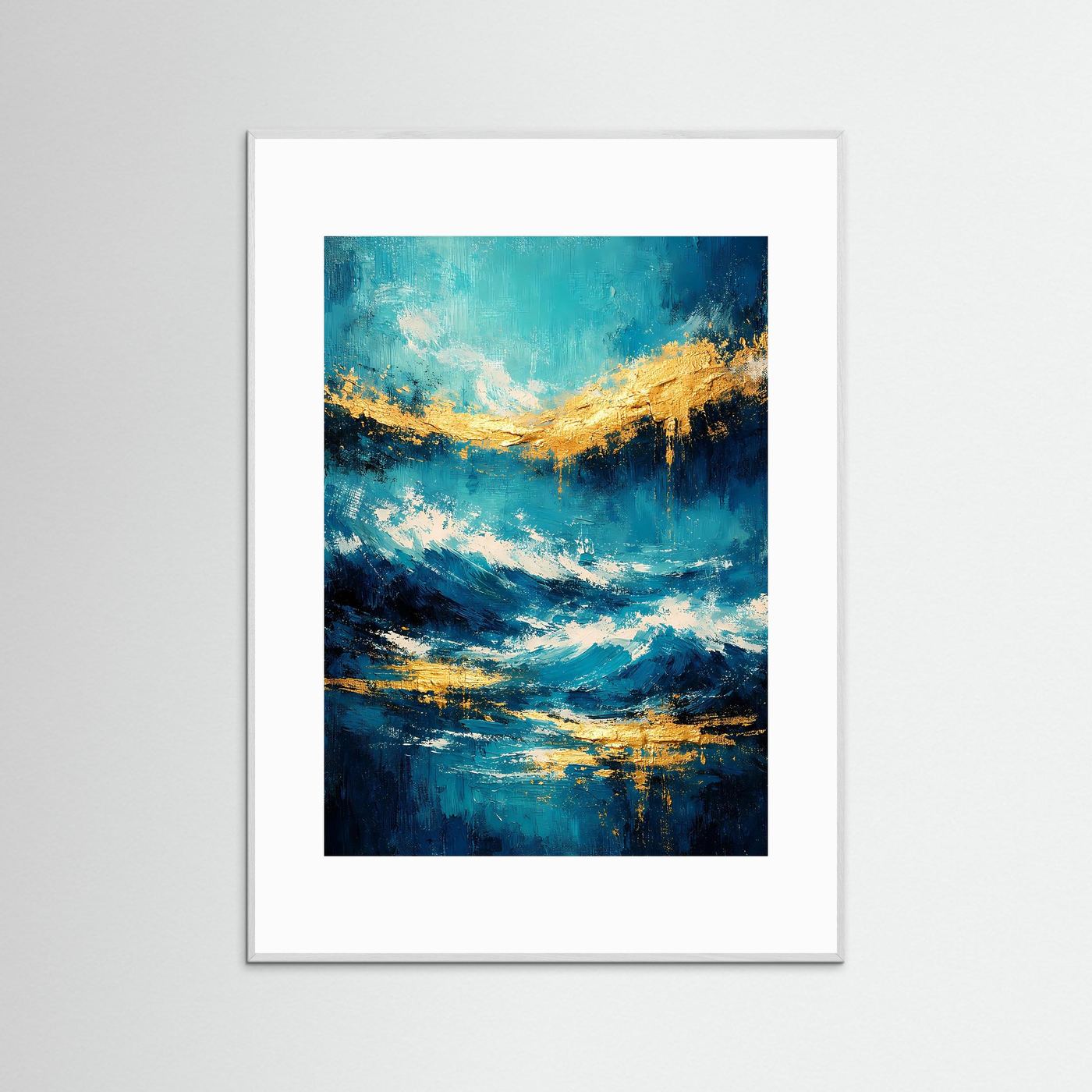 Kunstposter mit abstrakten Meereswellen in Türkis, Tiefblau und Gold, grauer Rahmen