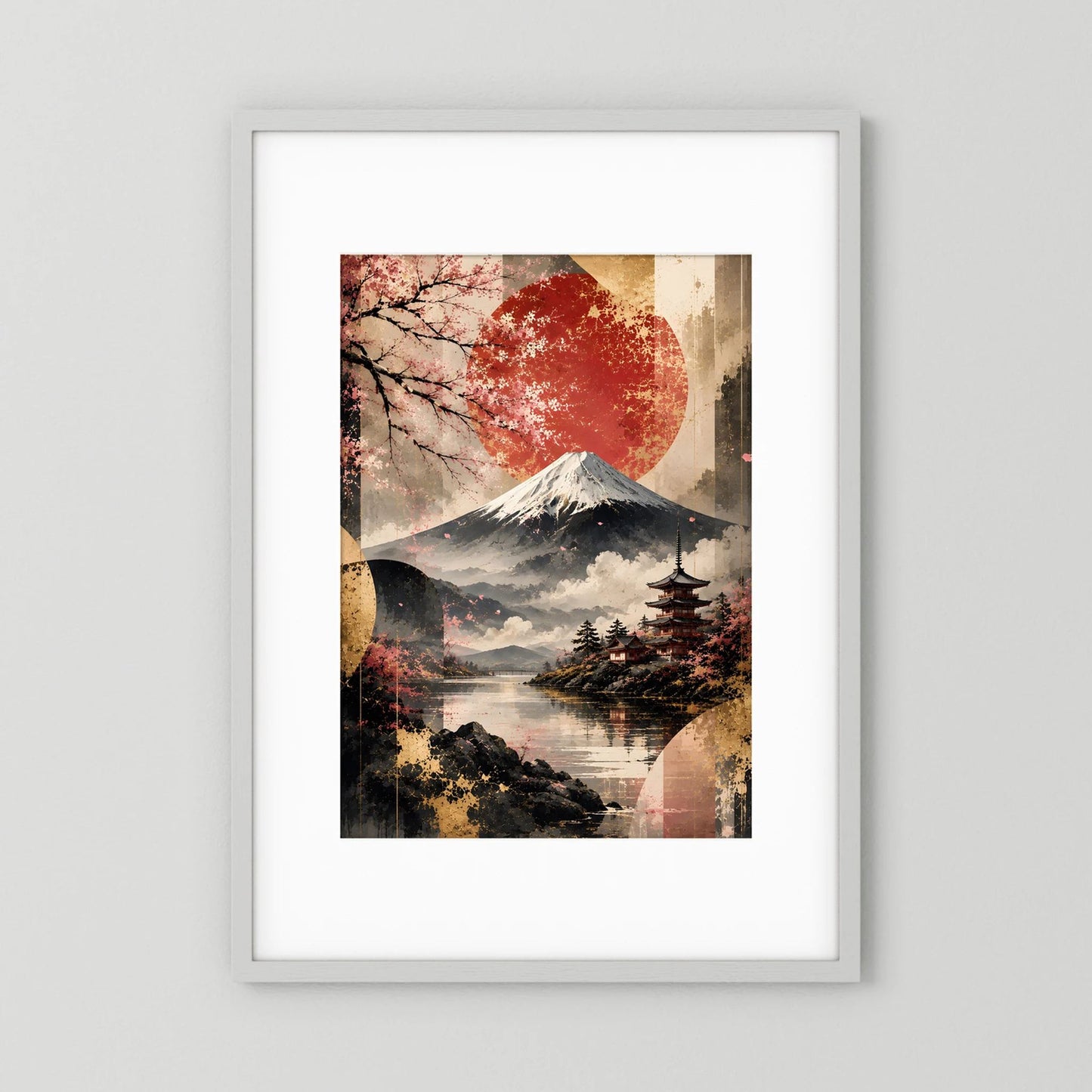 Hochformatposter mit japanischer Landschaft: Fuji, Pagode, Kirschblüten und rote Sonne