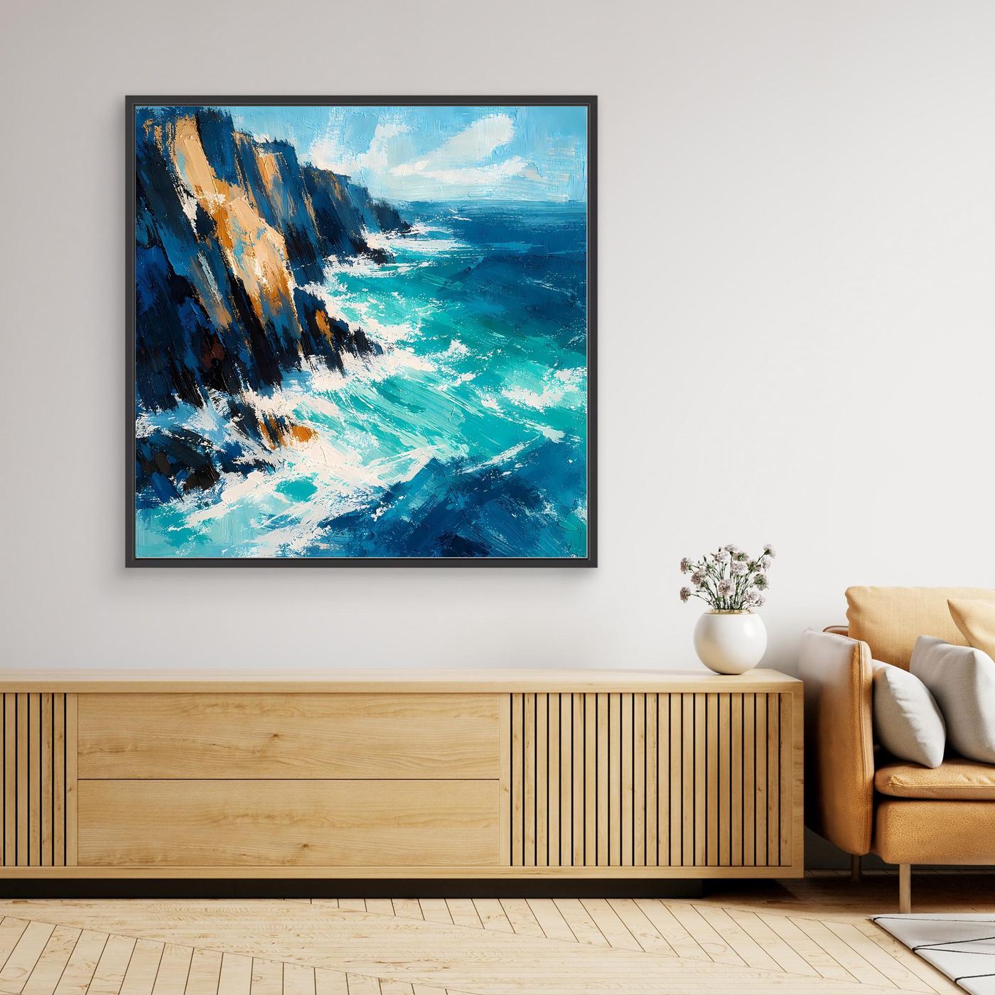 Abstraktes Leinwand-Wandbild mit türkisfarbenem Ozean und Steilküste, schwarzer Rahmen