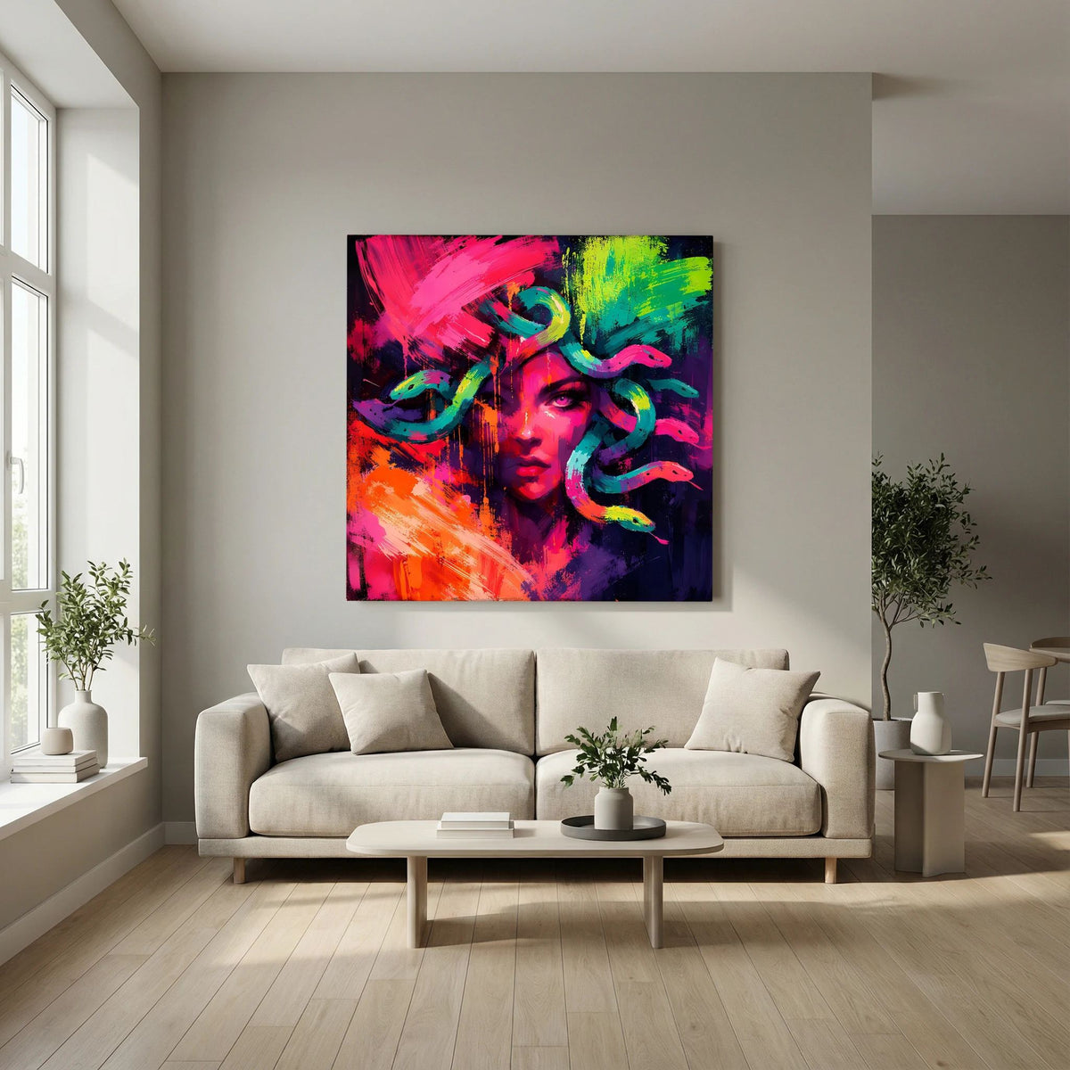 Leinwandbild mit abstrakter Medusa im Neon-Stil, schwarzer Rahmen über Sofa