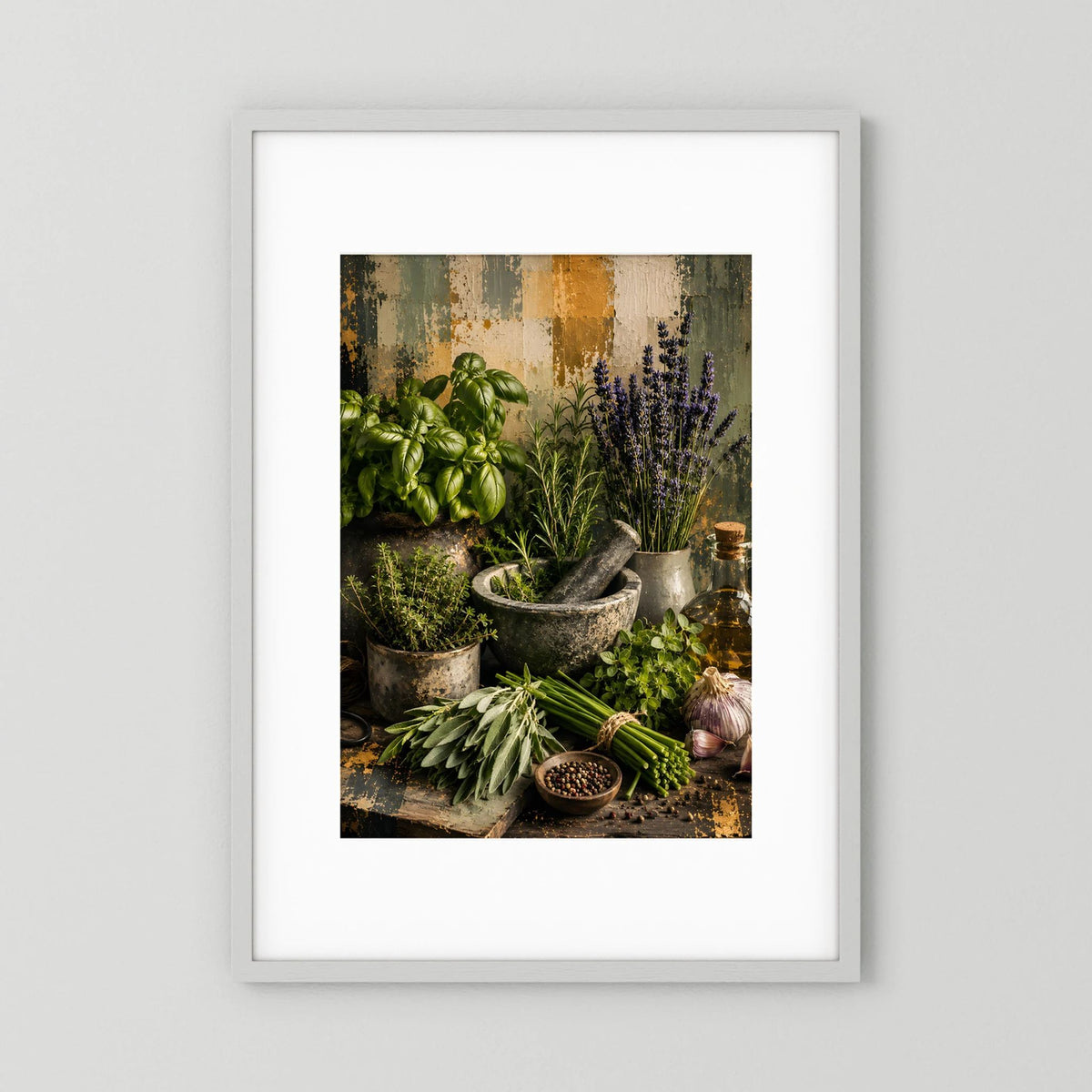 Küchenposter Hochformat mit Kräuter-Stillleben: Basilikum, Lavendel und Gewürzdosen.