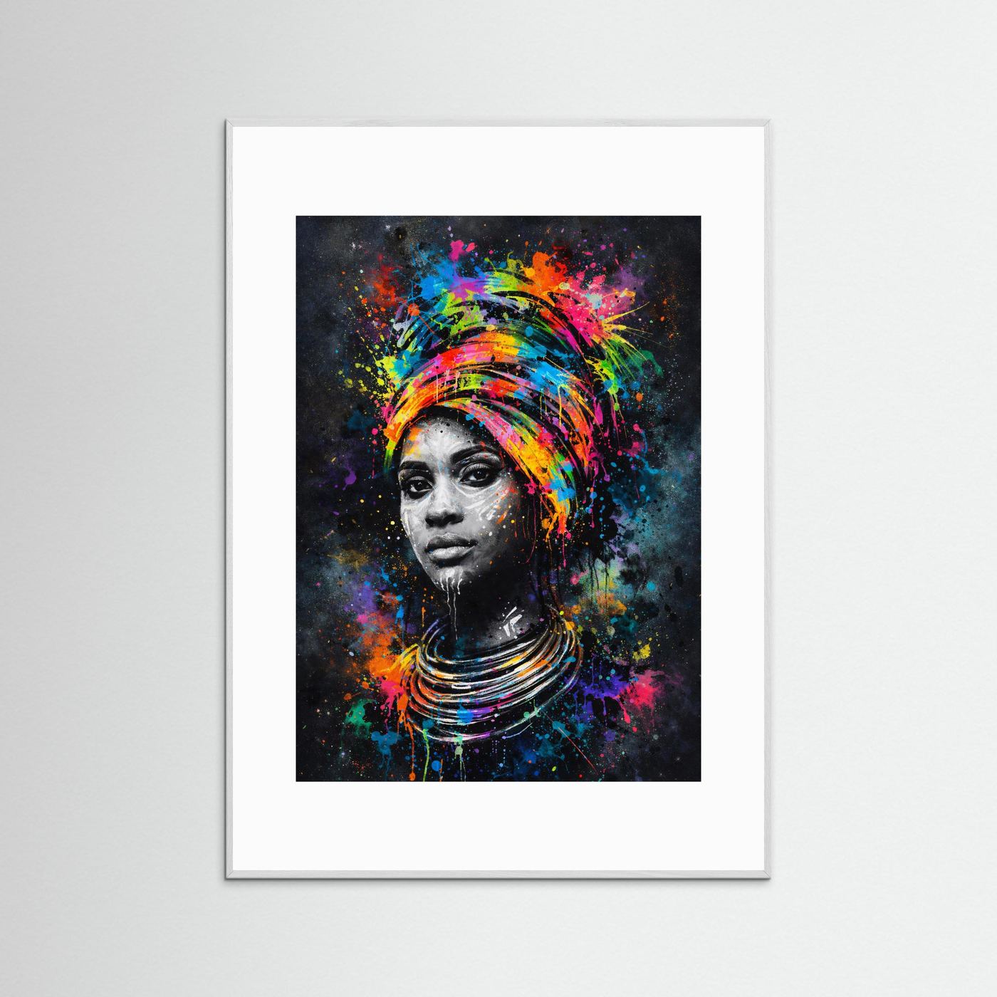 Kunstposter mit Frauenporträt in bunten Neonfarben, Pop-Art, im weißen Holzrahmen.