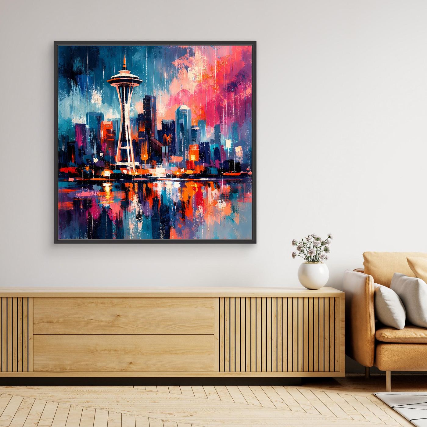 Gerahmtes Leinwand-Wandbild mit Space Needle und abstrakter Skyline in kräftigen Nachtfarben.