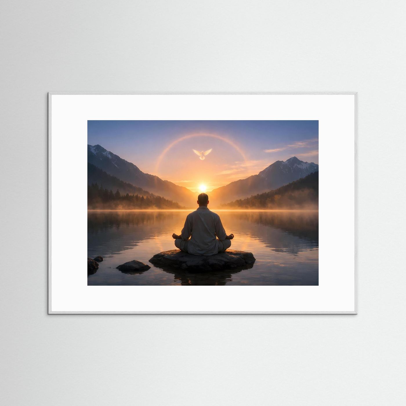 Meditationsposter mit Meditierender Person am See, Sonnenaufgang und Lichtbogen, weißer Rahmen