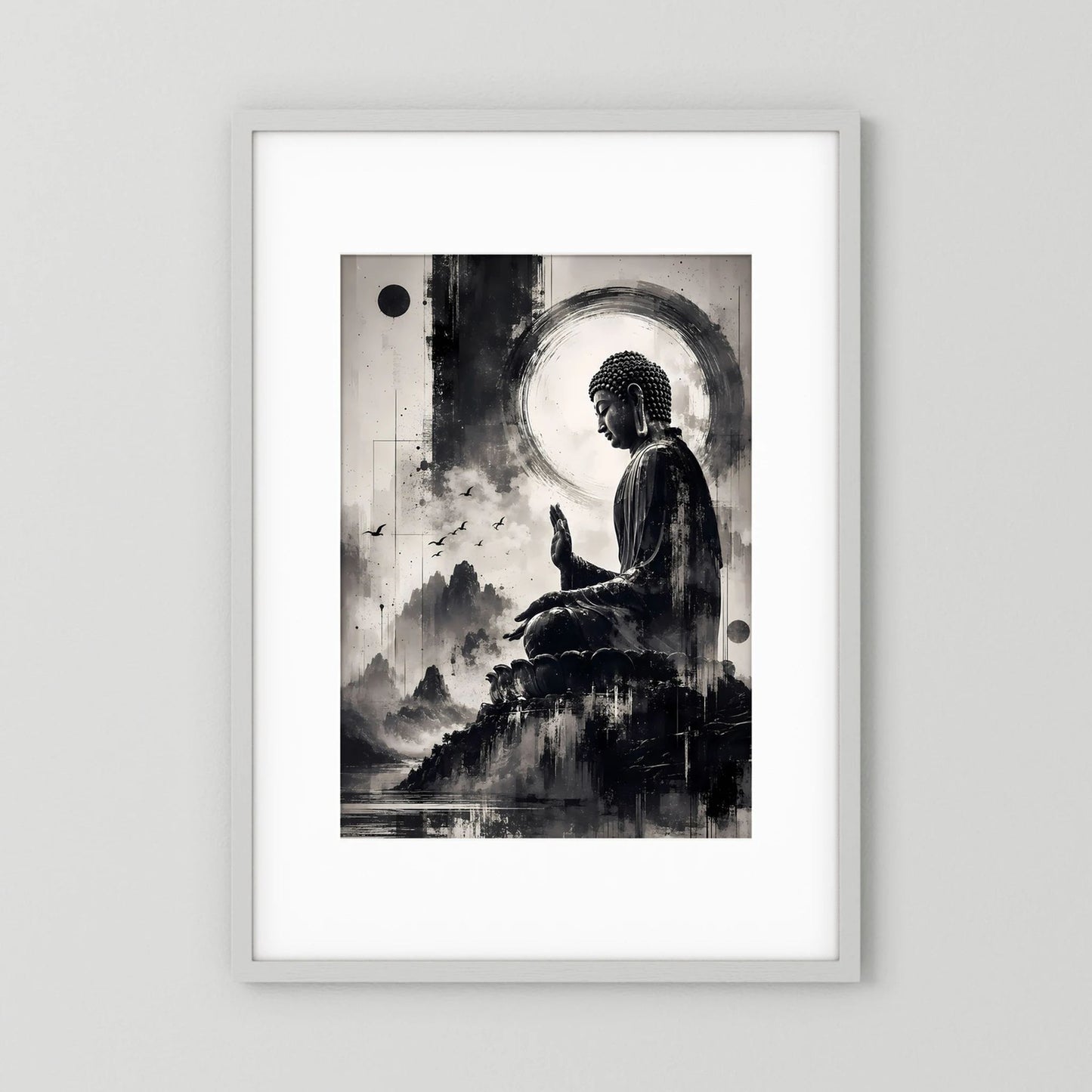 Hochformatiges Buddha-Kunstposter mit Meditierendem Buddha in Schwarzweiß und Berglandschaft