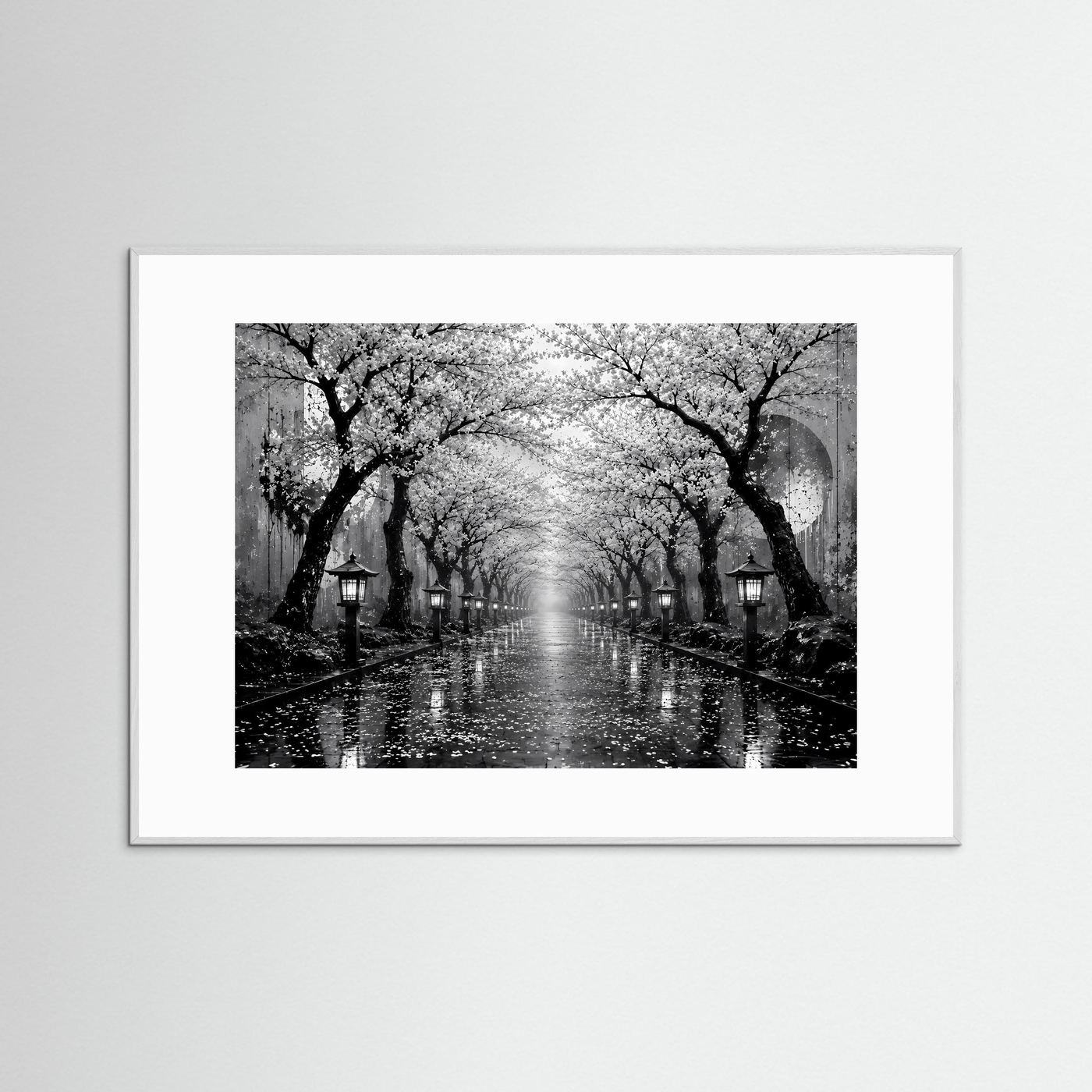 Kirschblütenallee Schwarz-Weiß | Japanisches Wandbild mit Laternen im Regen
