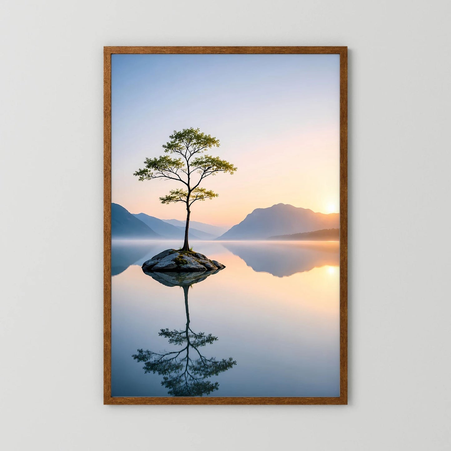 Poster Hochformat mit Baum und Spiegelung im See, brauner Holzrahmen, größerer Ausschnitt.