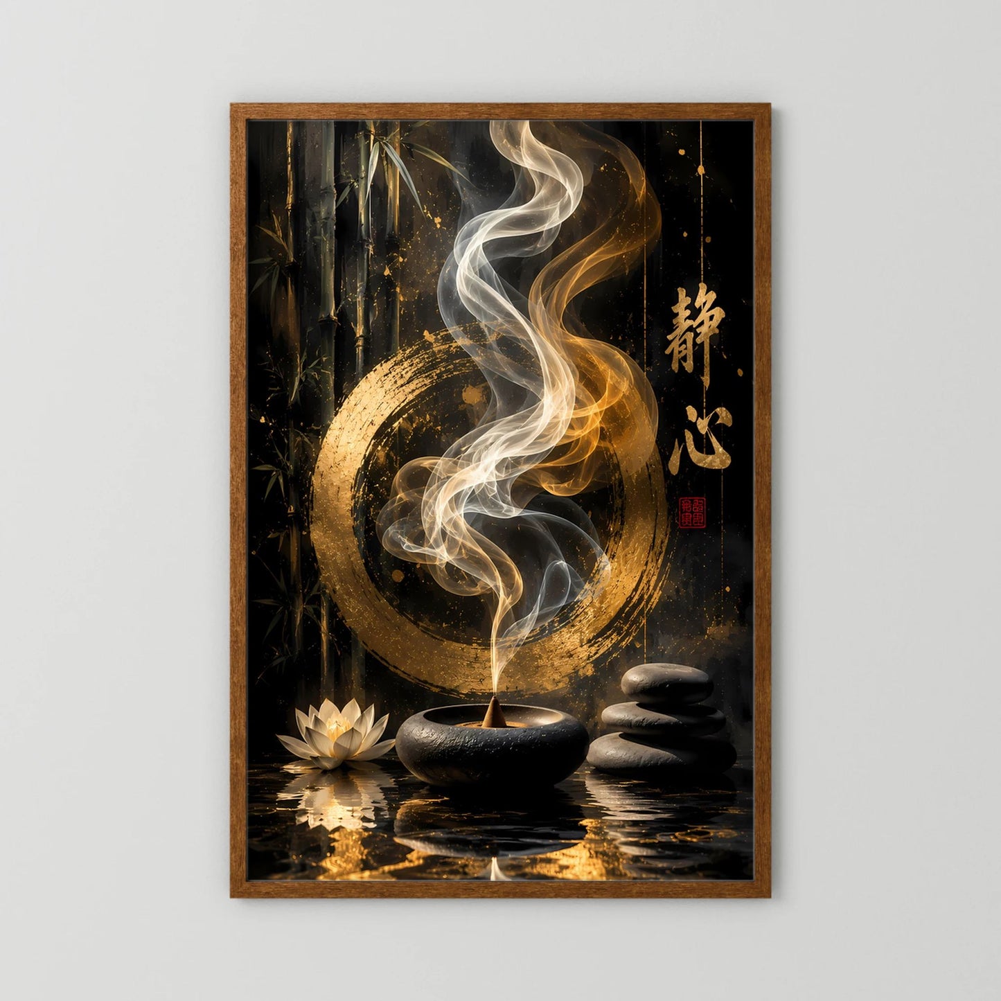 Hochformat-Poster mit Holzrahmen, goldener Kreisform, Rauch über Schale und Steinset