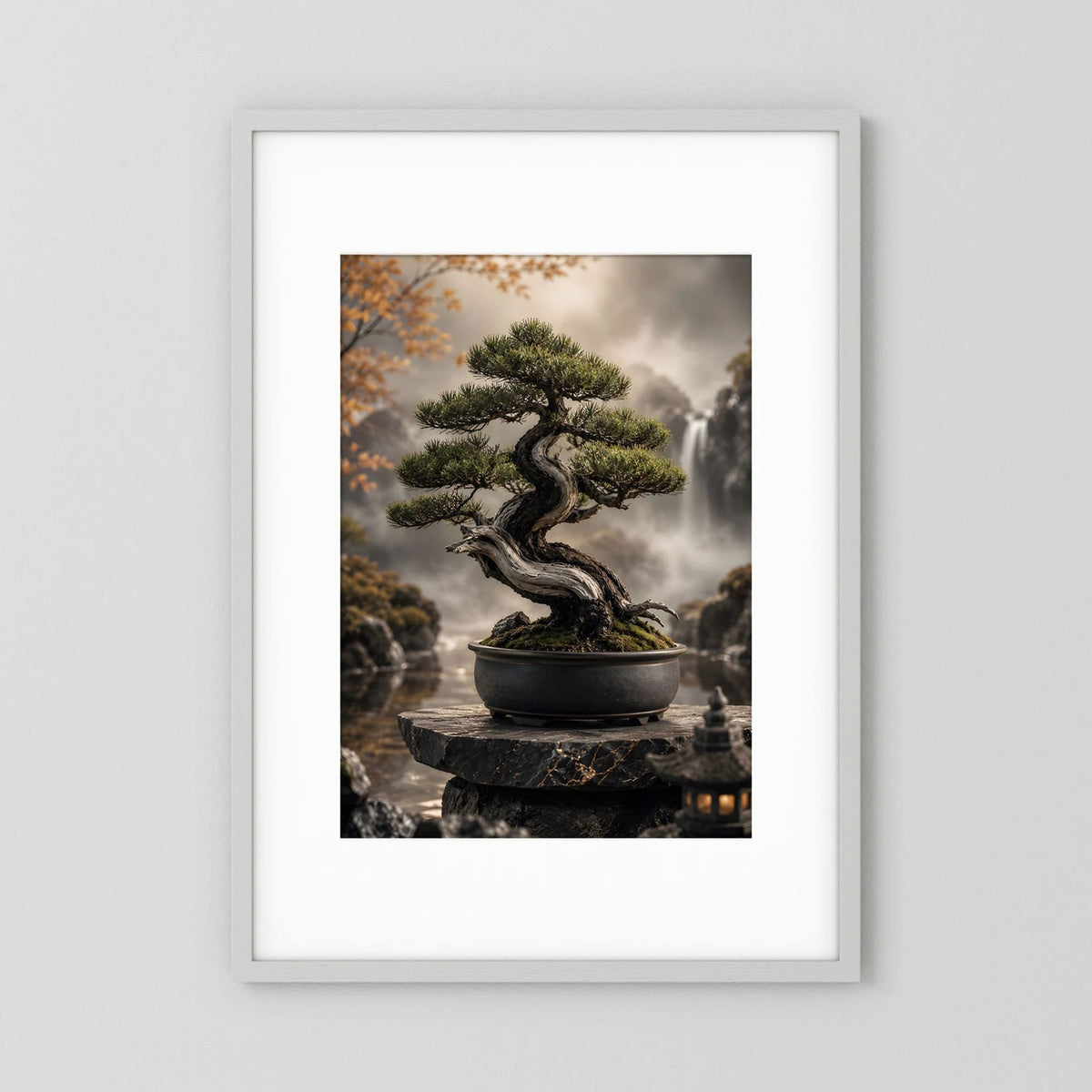 Bonsai-Baum im Schalenpflanzgefäß, Zen-Poster im Hochformat