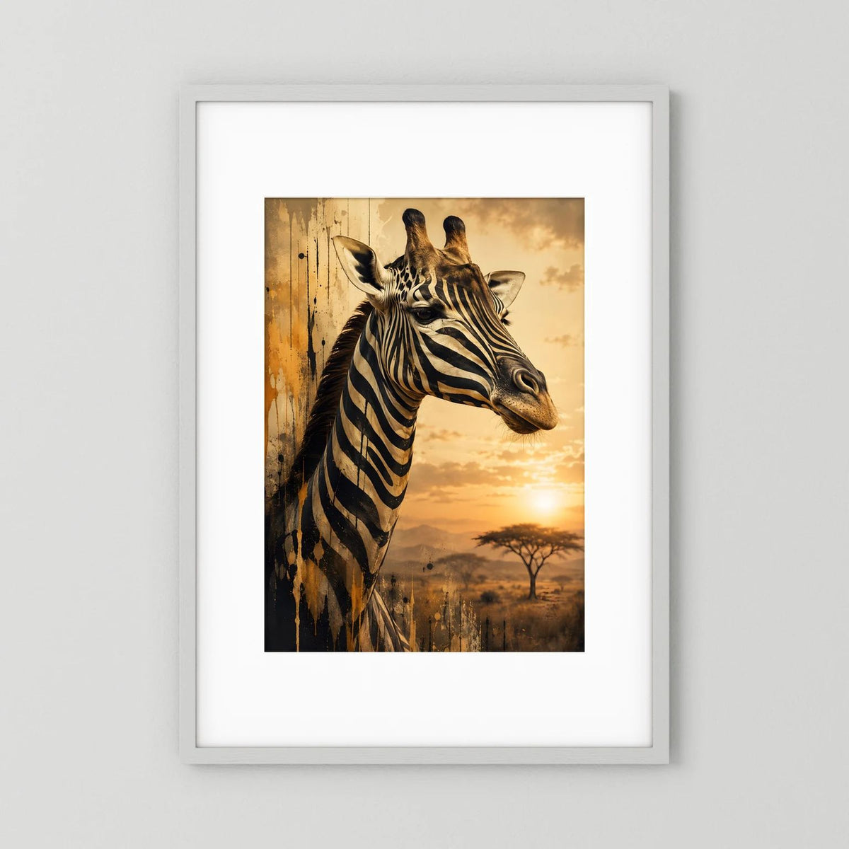 Hochformatiges Tierposter mit Giraffe im Zebra-Look und gestreiftem Fell, Savannenmotiv
