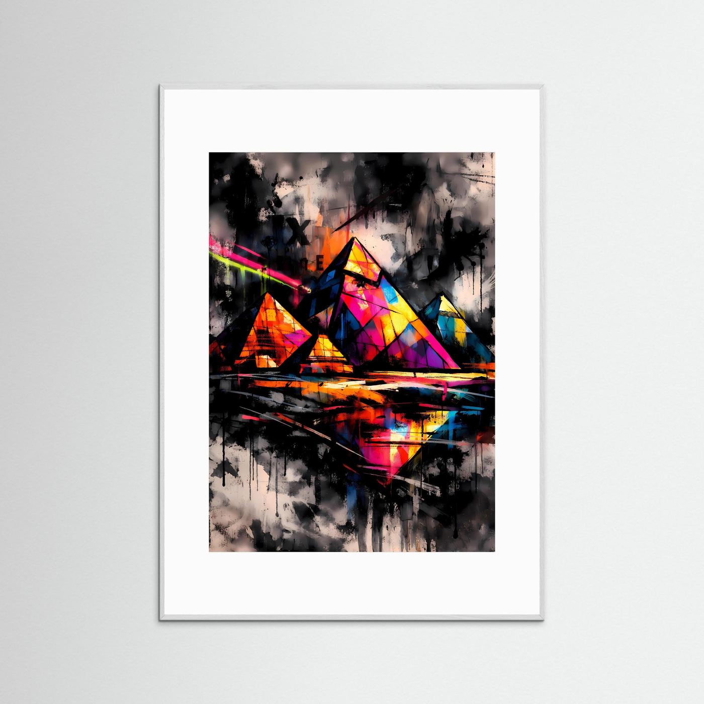 The Neon Pyramids | Luxuriöses Pyramiden Poster in Bunt & Schwarz | Abstraktes Ägypten Kunstposter Hochformat