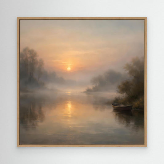 Leinwandbild im Eichenrahmen: nebliger Flussmorgen mit Sonnenaufgang, Boot und Uferbäumen