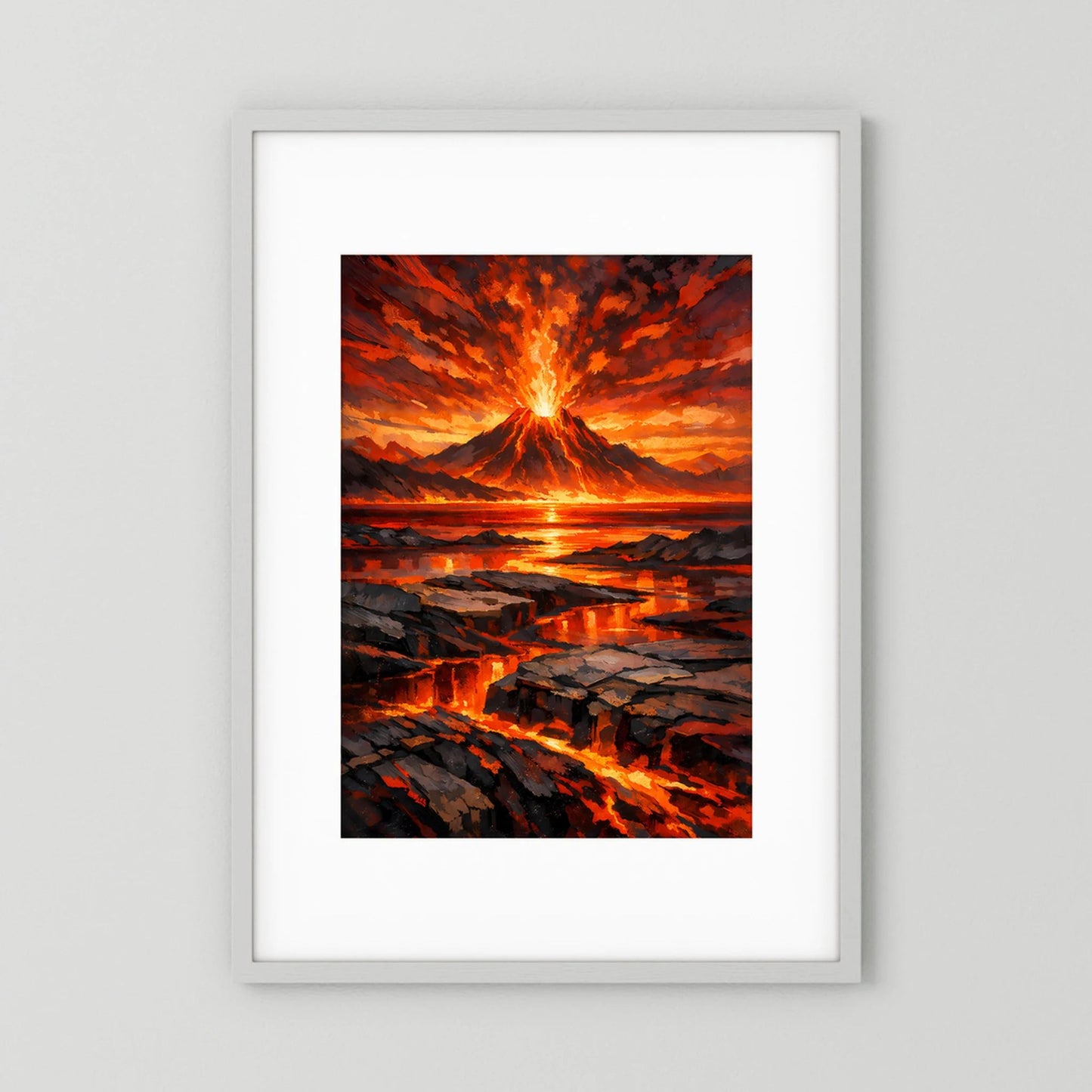 Hochformatiges Poster mit glühendem Vulkan und Lavafontänen, gerahmt mit hellem Rahmen