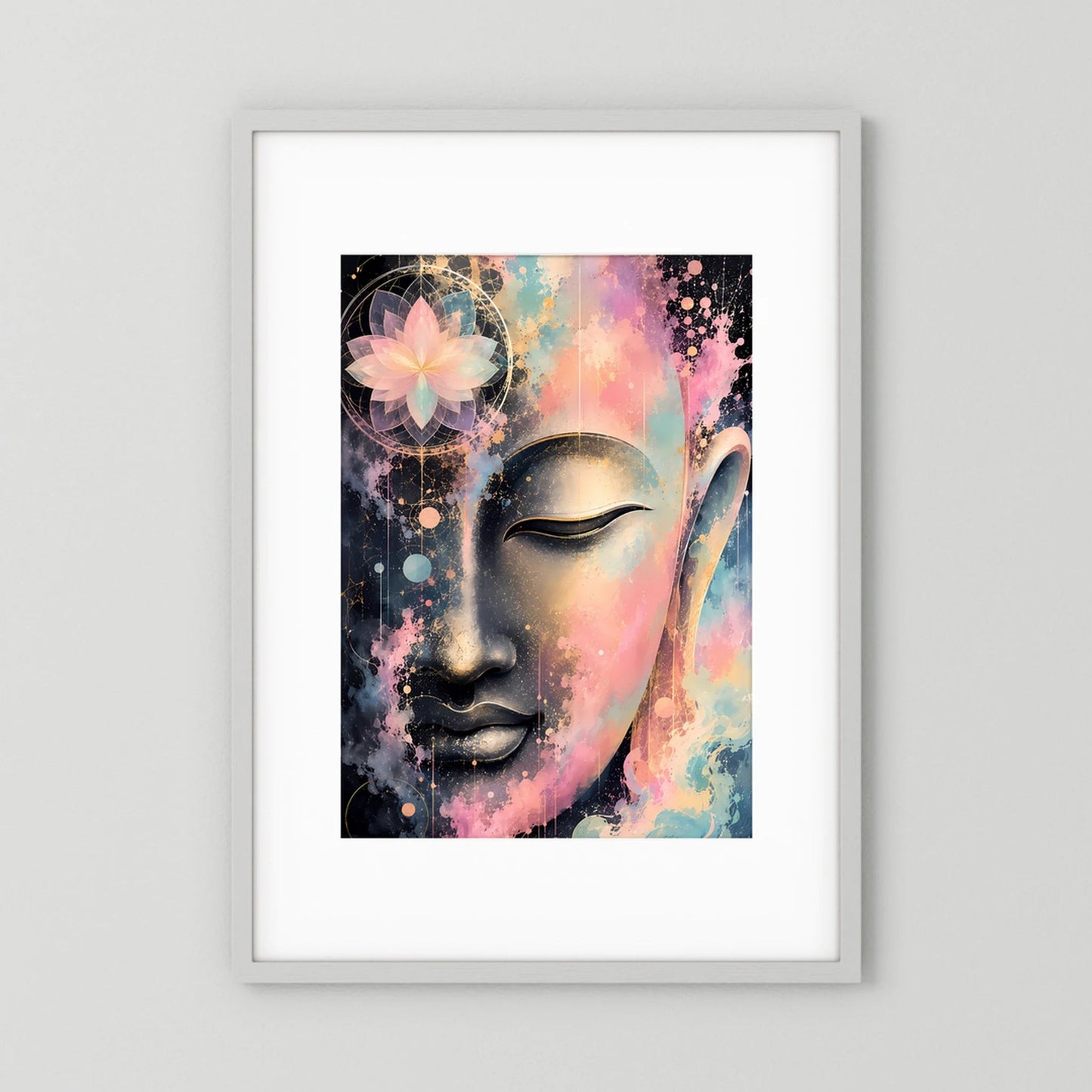 Gerahmtes Kunstposter mit abstraktem Buddha-Gesicht in Pastell, Gold- und Schwarztönen, Hochformat