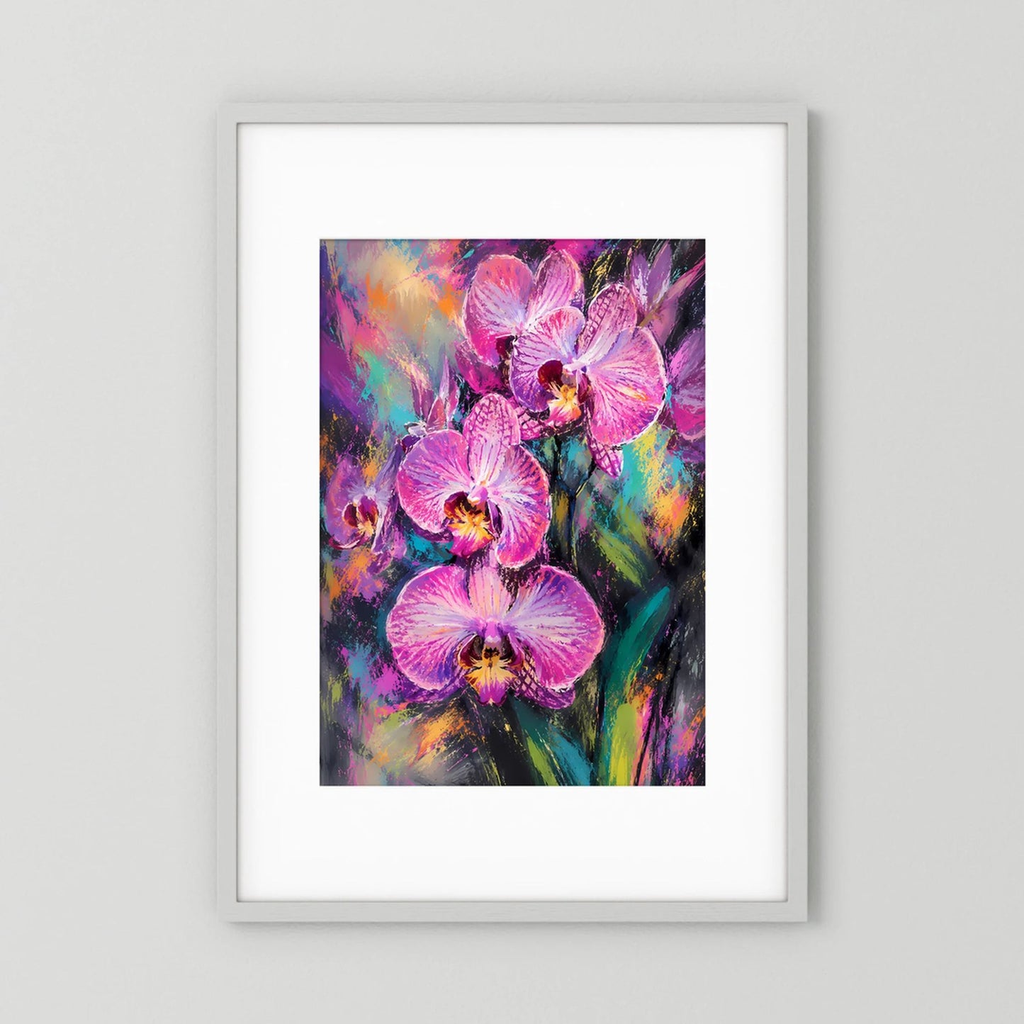 Gerahmtes Kunstposter mit abstrakten Orchideenblüten in Pink und Violett
