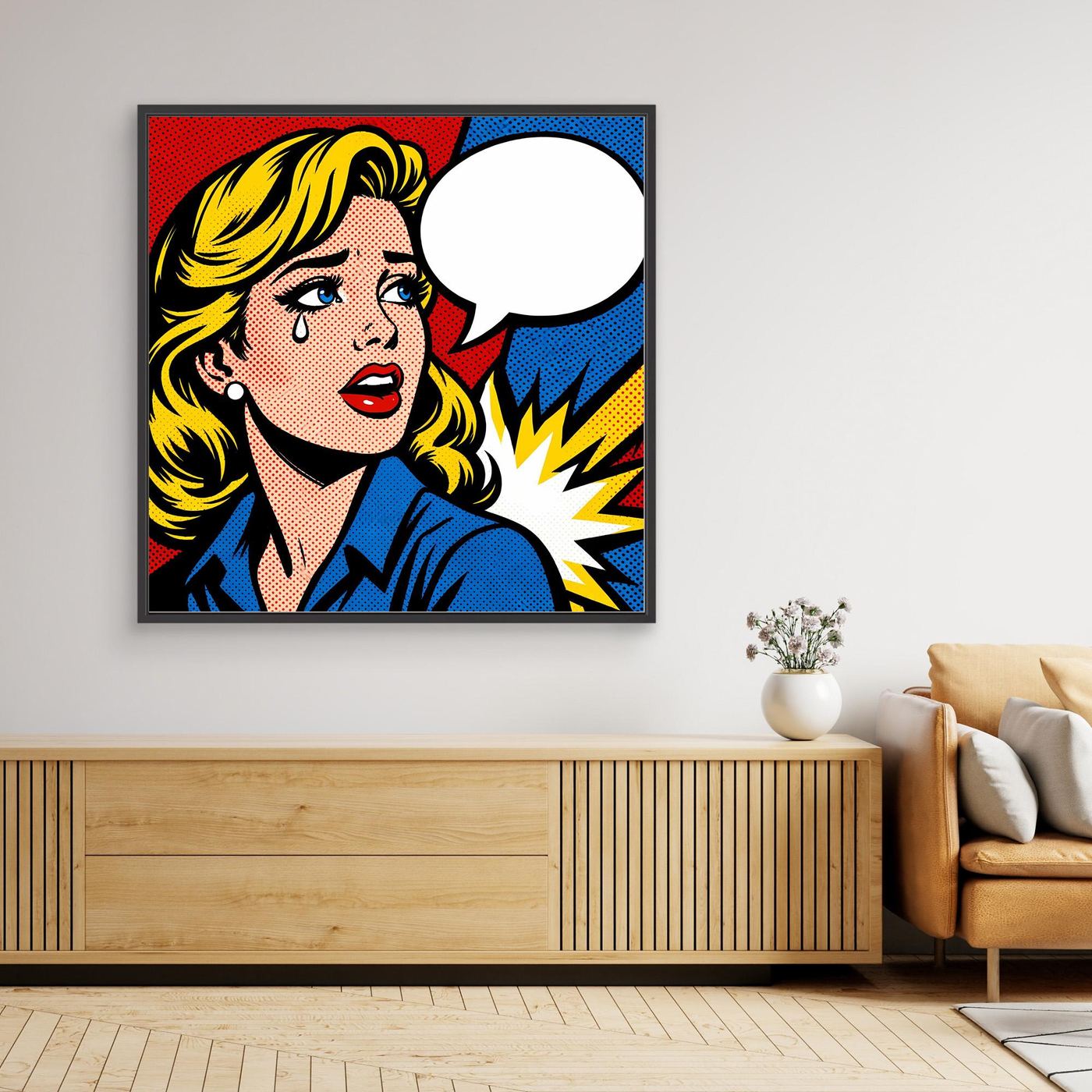 Leinwandbild Pop-Art Frau mit Sprechblase, schwarz gerahmt