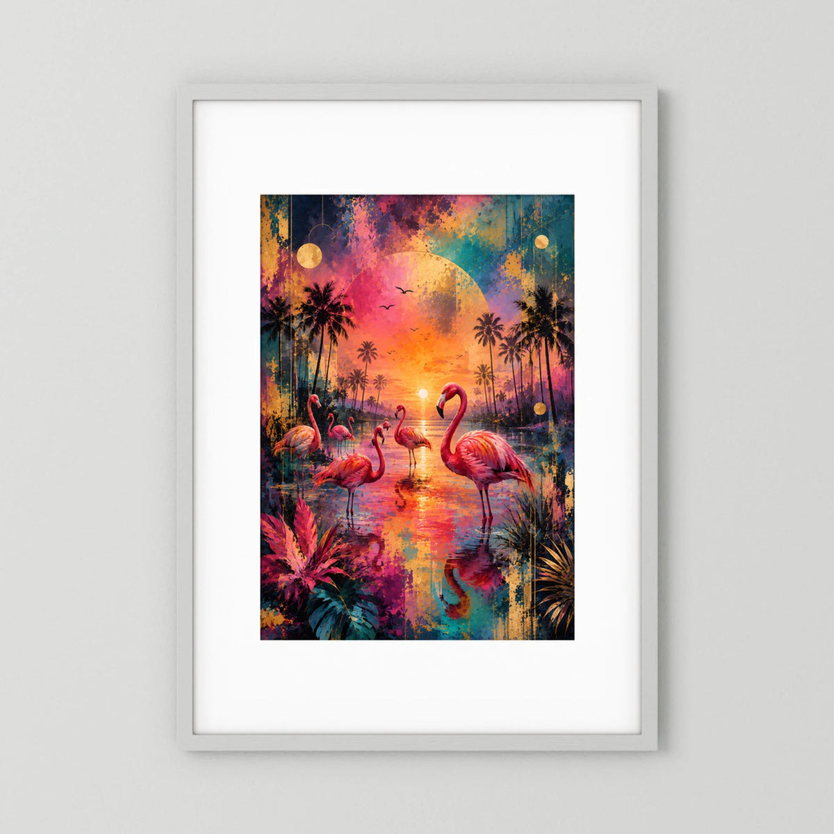 Vertikales Poster mit bunten Flamingos und Palmen in tropischem Sonnenuntergang