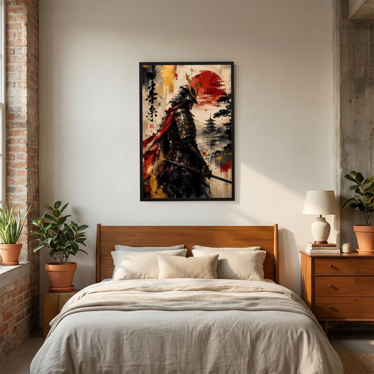 Poster (Hochformat) mit Samurai in Schwarz-Rot, roter Sonne über Berglandschaft, schwarzer Rahmen