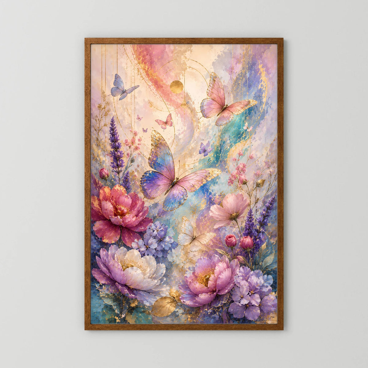 Hochformatposter mit Schmetterlingen und Blumen in Pastelltönen, braunem Rahmen