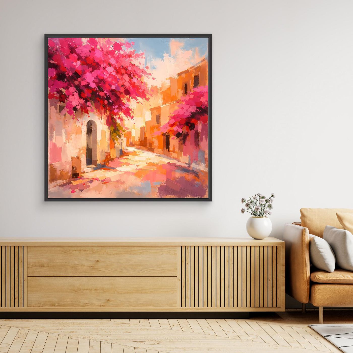 Leinwand Mediterrane Gasse im Blütenrausch | Abstraktes Italien Wandbild