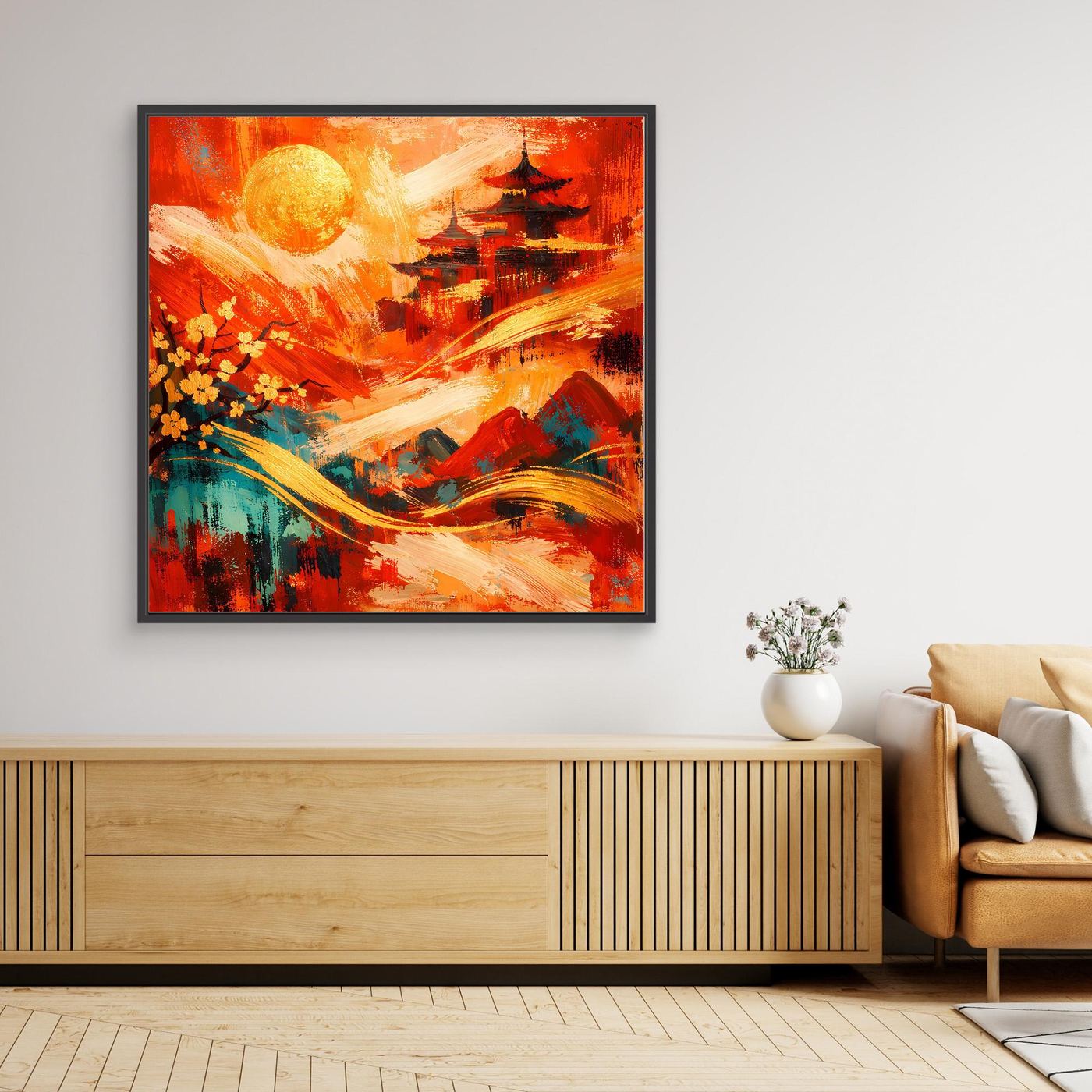 Leinwandbild mit roter Pagode und Sonnenmotiv im schwarzen Rahmen