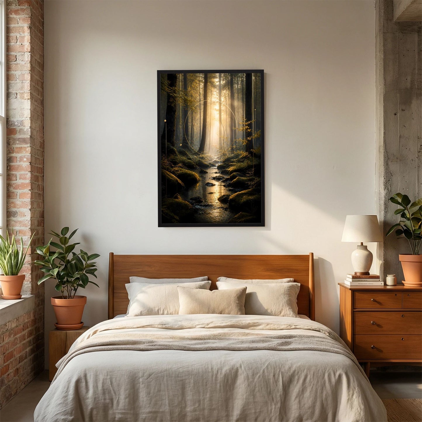 Hochformat-Poster im schwarzen Rahmen, Waldschlucht mit Bächlein und Moos im Licht