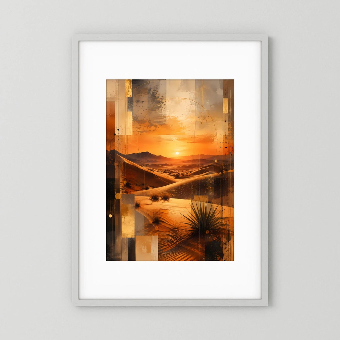Hochformat-Poster mit weißem Rahmen: abstrakte Wüstenlandschaft in Orange und Schwarz
